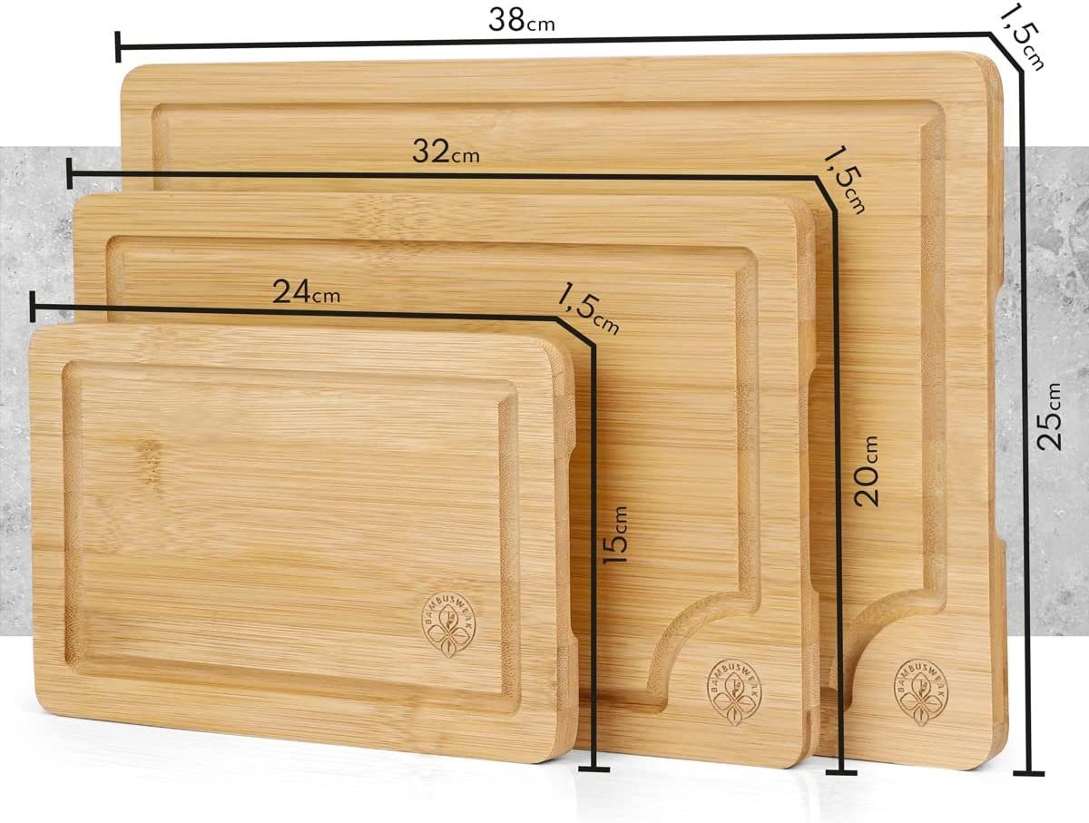 3er Set Thingles 3er MASSIV Schneidebrett Holz, Schneidebrett Holz, 38x25x1.5cm, (3-St., Set), & Bambus, Bambus STABIL
