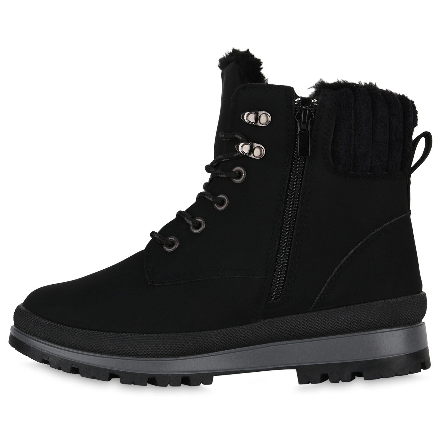 VAN HILL 840852 Stiefelette Damen Warm Gefütterte Worker Boots Profil-Sohle Bequeme