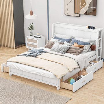 Welikera Bett 140x200cm Plattformbett mit Stauraum am Kopfende,Doppelbett,Holzbett, 4 Schubladen unter dem Bett,Massivholzbett, Weiß