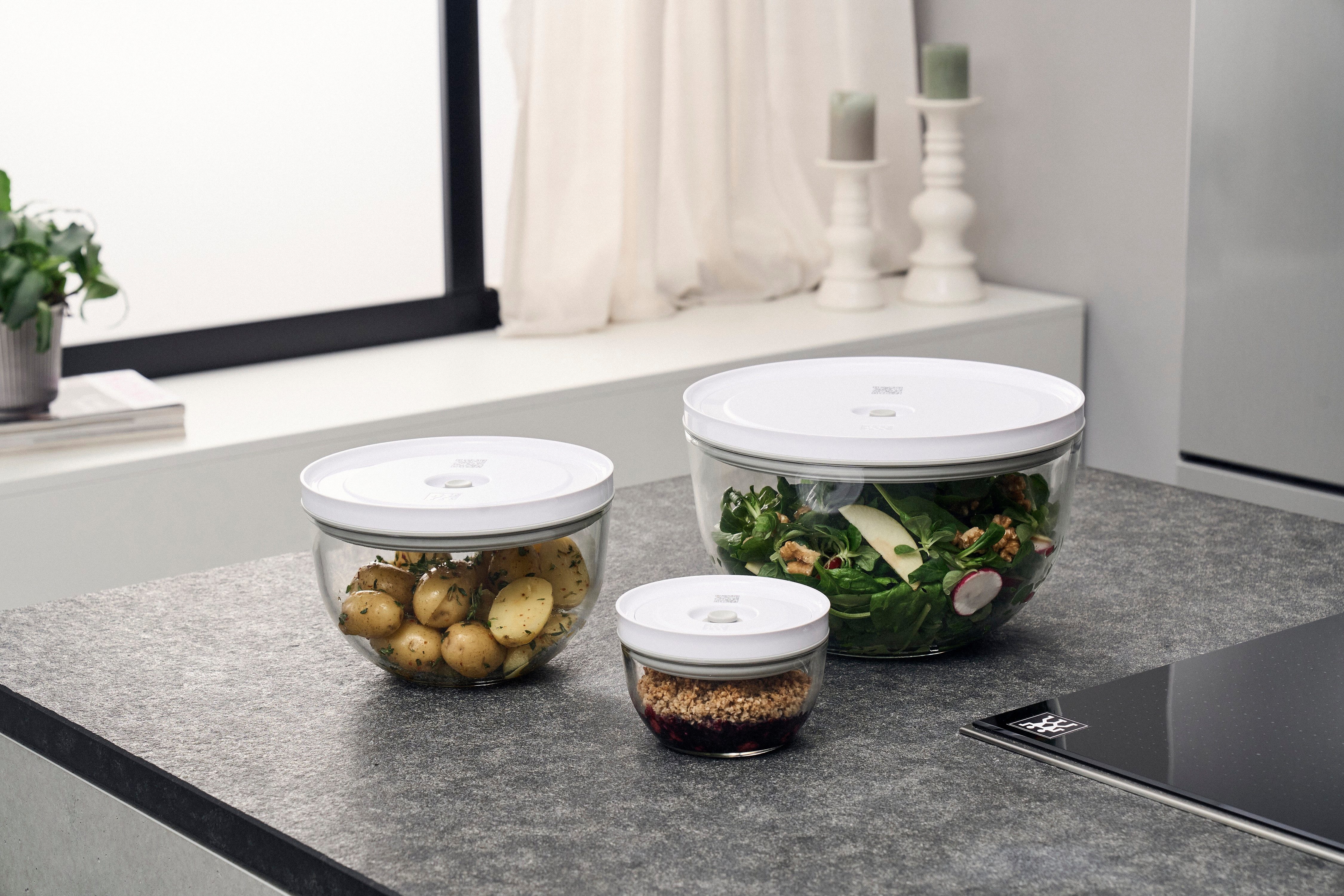 Zwilling Aufbewahrungssystem Fresh & Save BOWLS, Glas, (Set, 6-tlg., 1 Vakuumschüssel + Deckel (S / 12 cm), (M / 18 cm) + (L / 24 cm), Vakuumschüssel Set S/M/L / 6-tlg., Glas