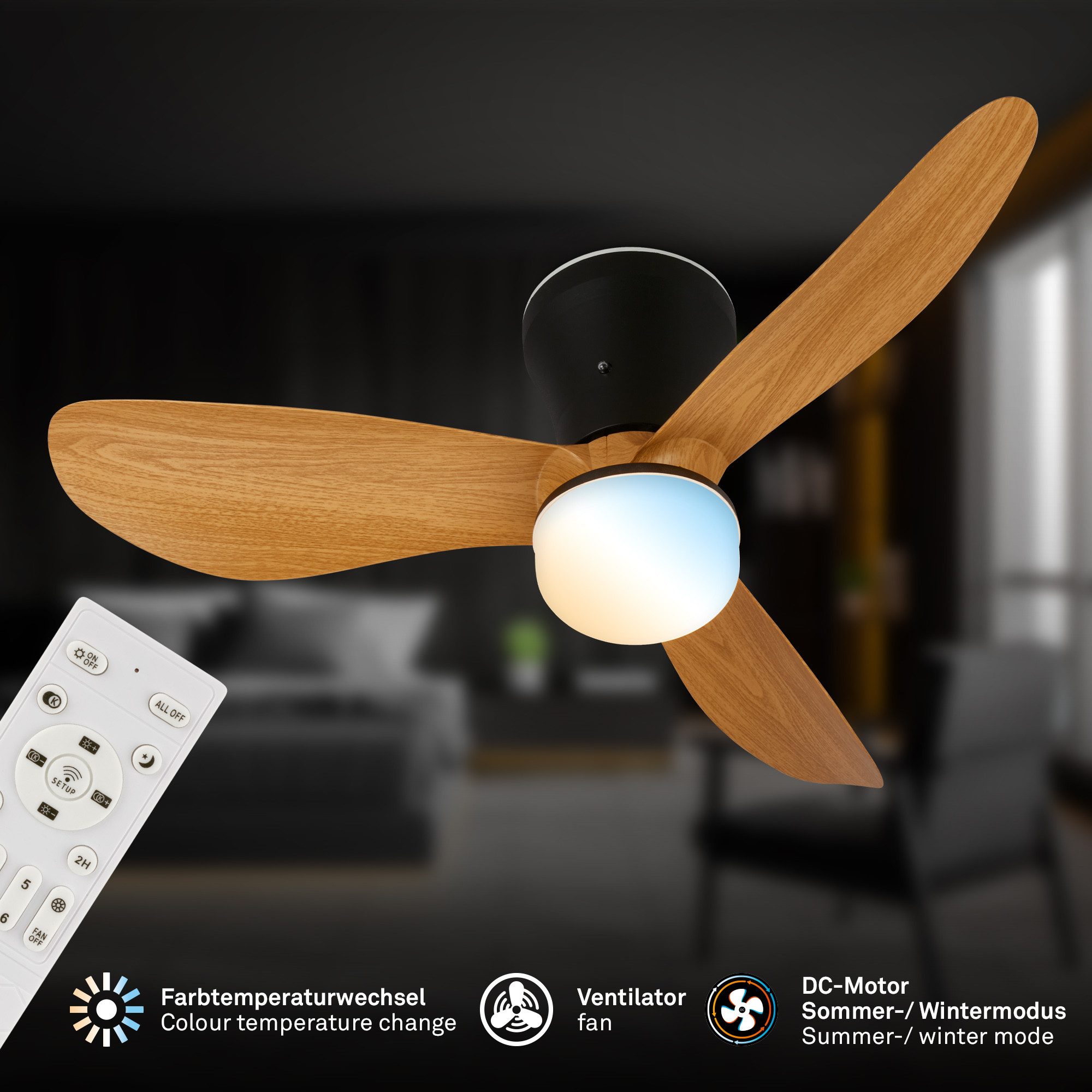 Briloner Leuchten LED Deckenleuchte mit Ventilator dimmbar CCT Deckenventilator mit Licht Schlafzimmer, LED fest integriert, CCT, 3000-6500K, 78x26 cm, Schlafzimmer, Wohnzimmer, Esszimmer, Flur, Küche