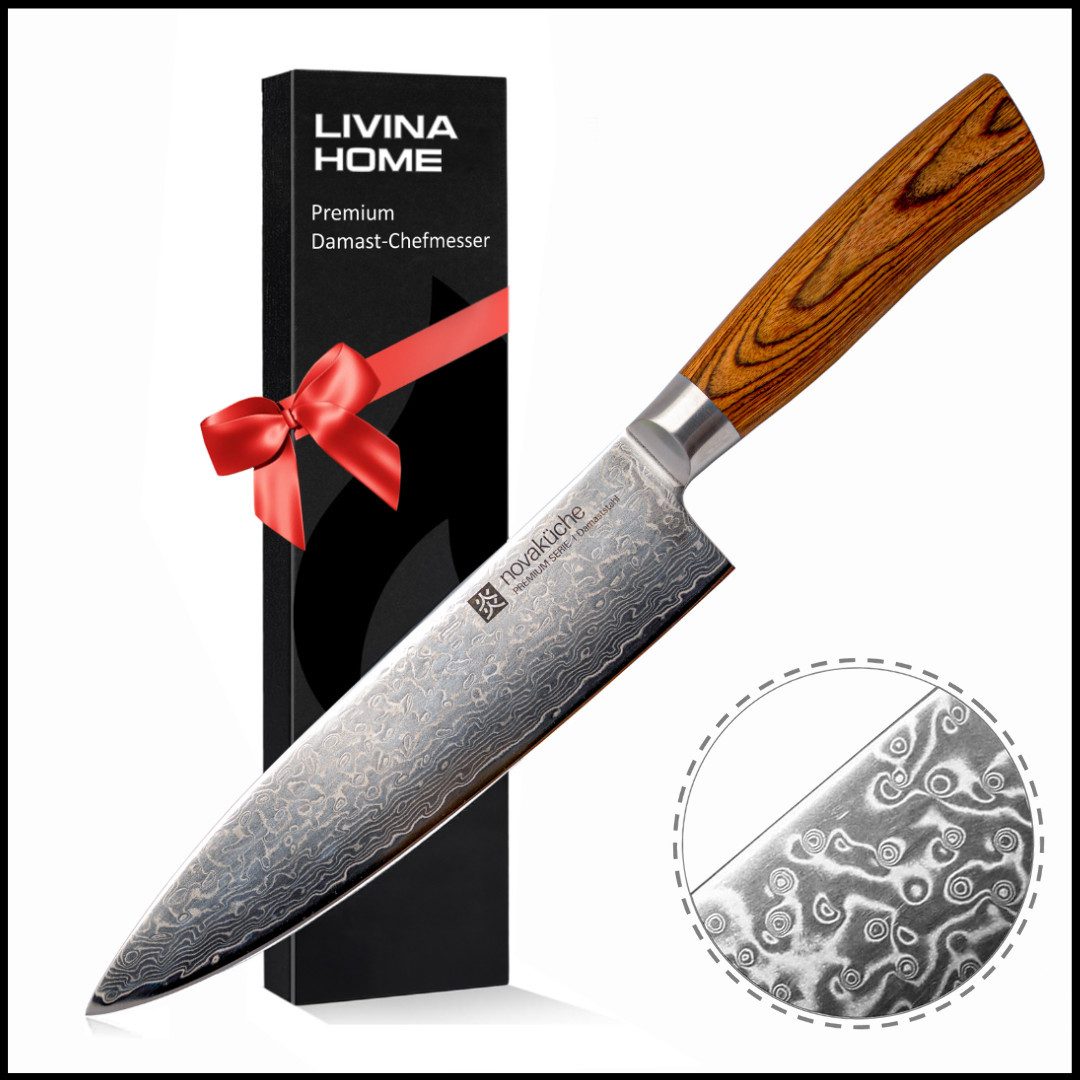 LIVINA HOME Дамасский нож Profi Chefmesser mit scharfer 20 cm Klinge aus 67 Lagen, Damaststahl, Damast Messer Japanischer Art, Geschenkbox, Sommer Angebot!