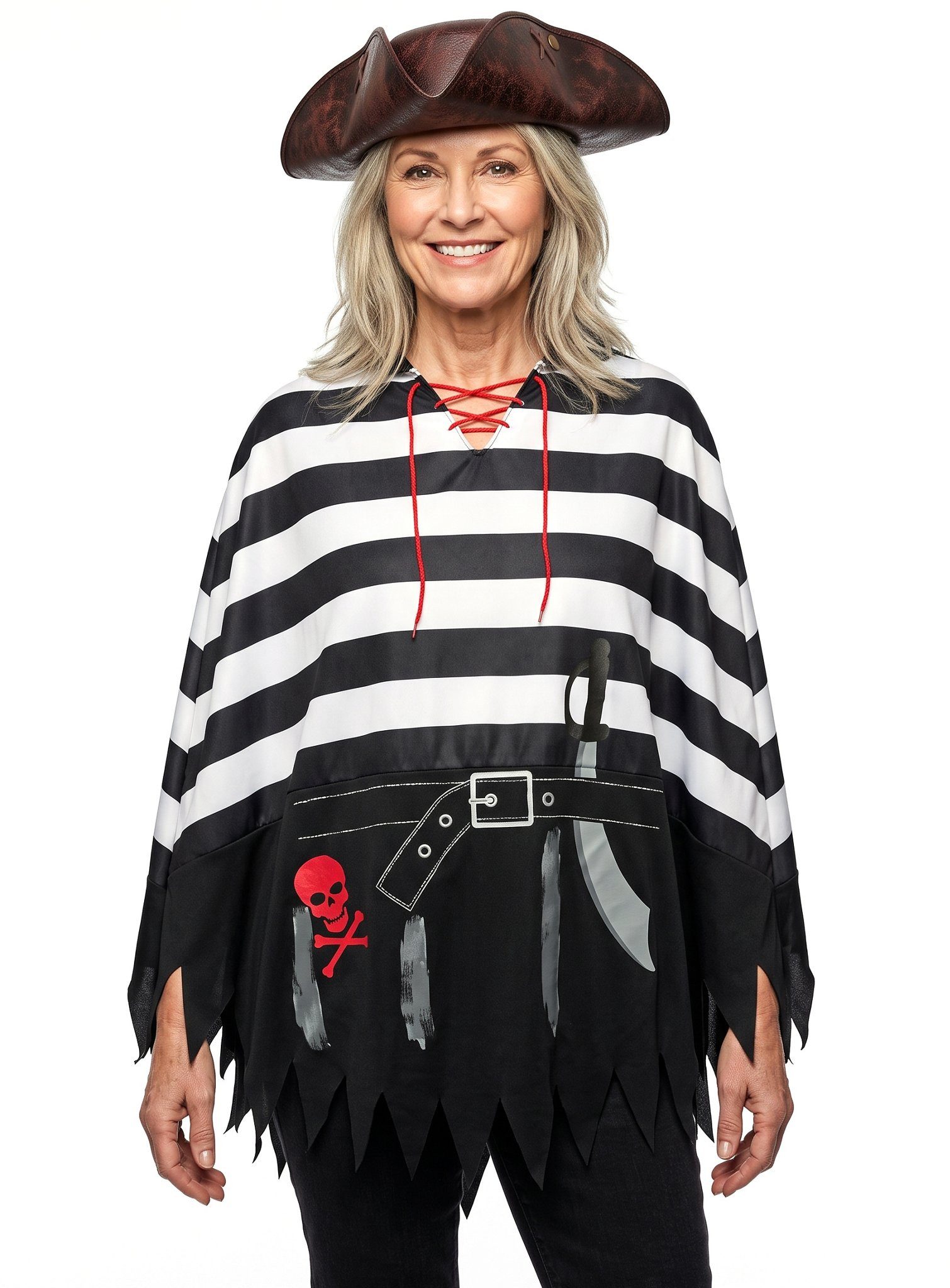 Fun World Piraten-Kostüm Piratin Poncho - Halloween Kostüm für Damen, Leichter Überwurf mit Piratenprint