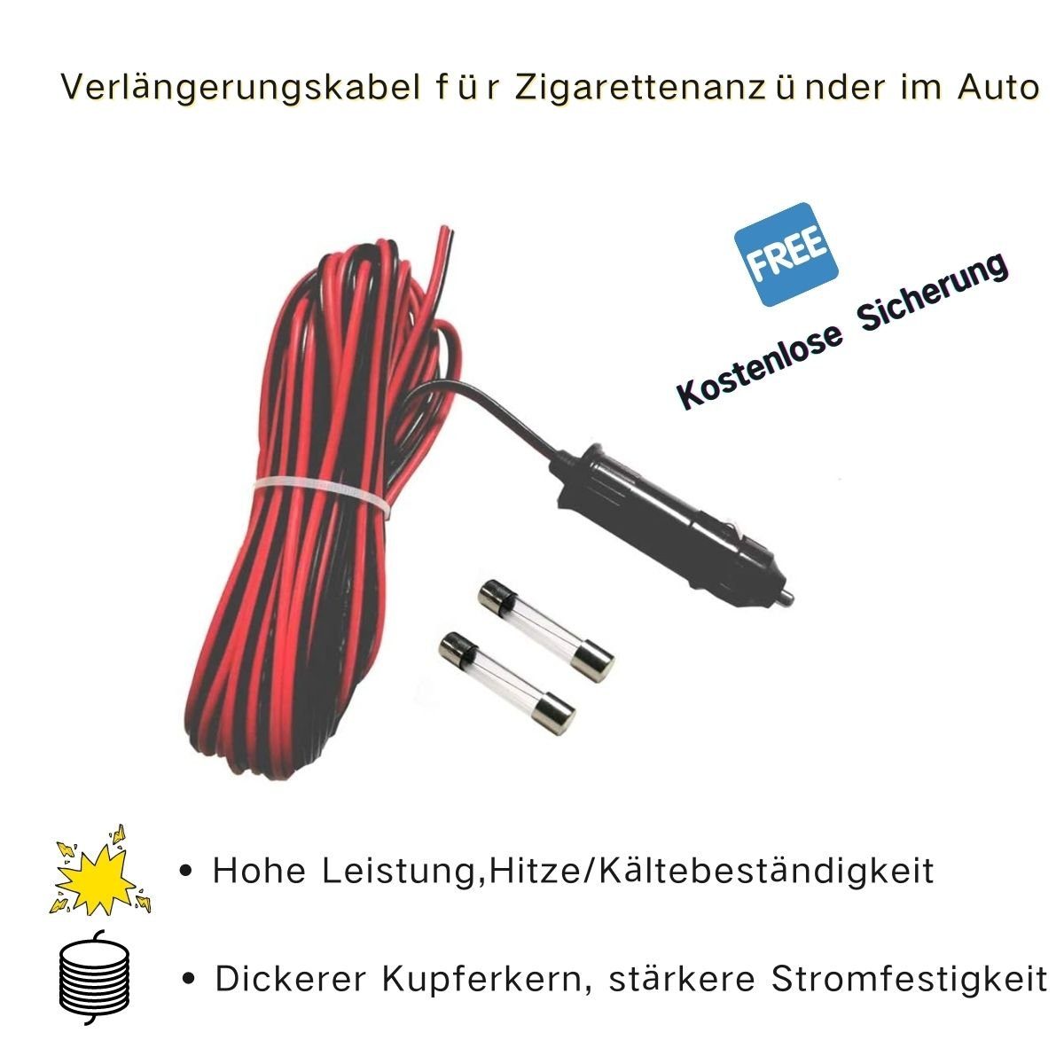 Zigarettenanzünder D75C 12V/24V KFZ Stecker Bolwins Netzkabel 10m Auto Stromkabel 240W