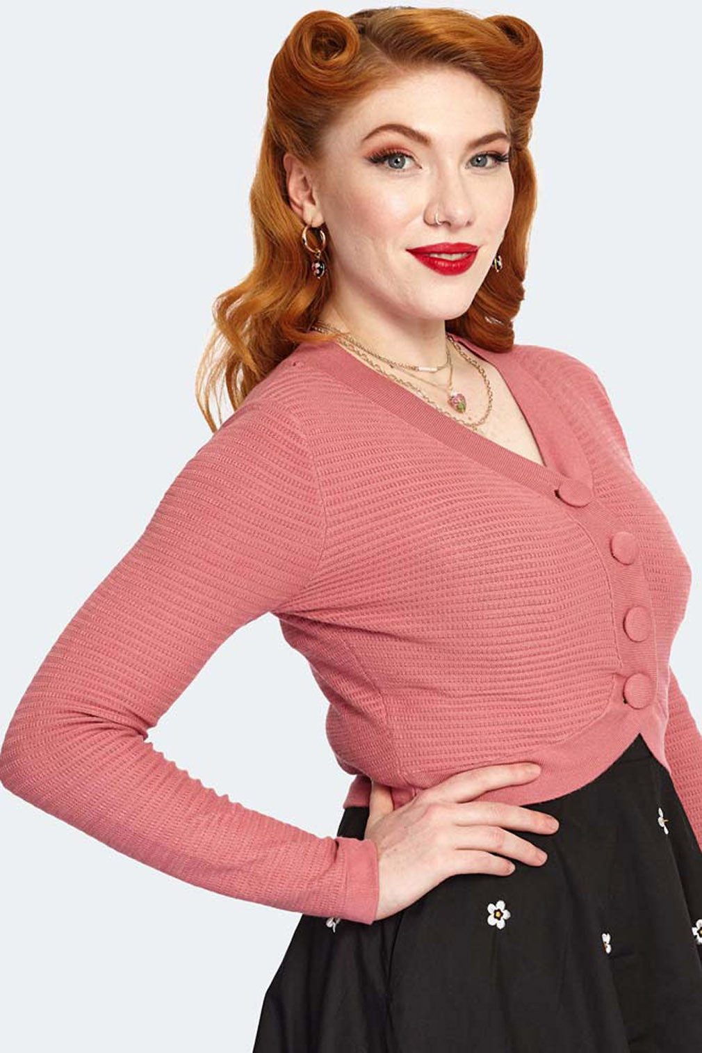 Voodoo Vixen Strickjacke Pink Textured Crop Cardigan Retro Vintage Bauchfrei