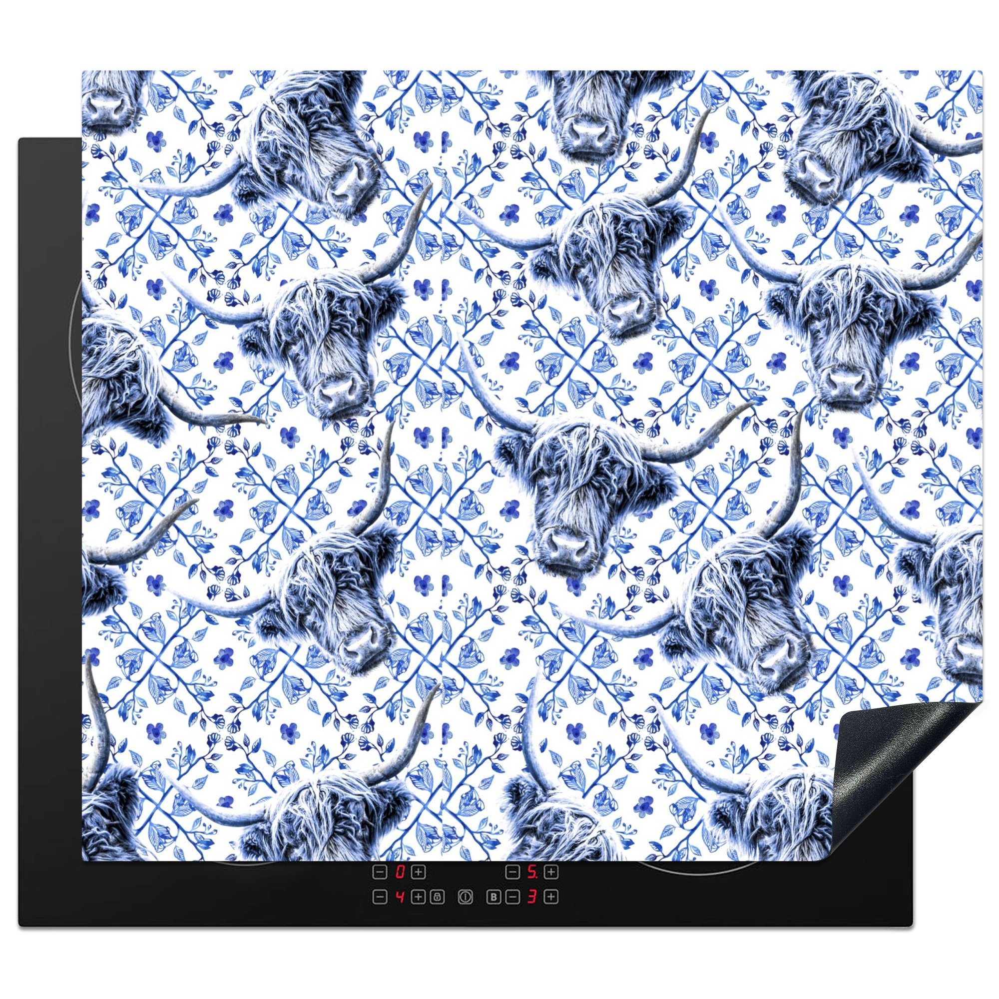 MuchoWow Herdblende-/Abdeckplatte Schottischer Highlander für 59x52 - küche, Delfter Induktionsmatte Blau, Vinyl, (1 cm, die - Ceranfeldabdeckung tlg), Kuh