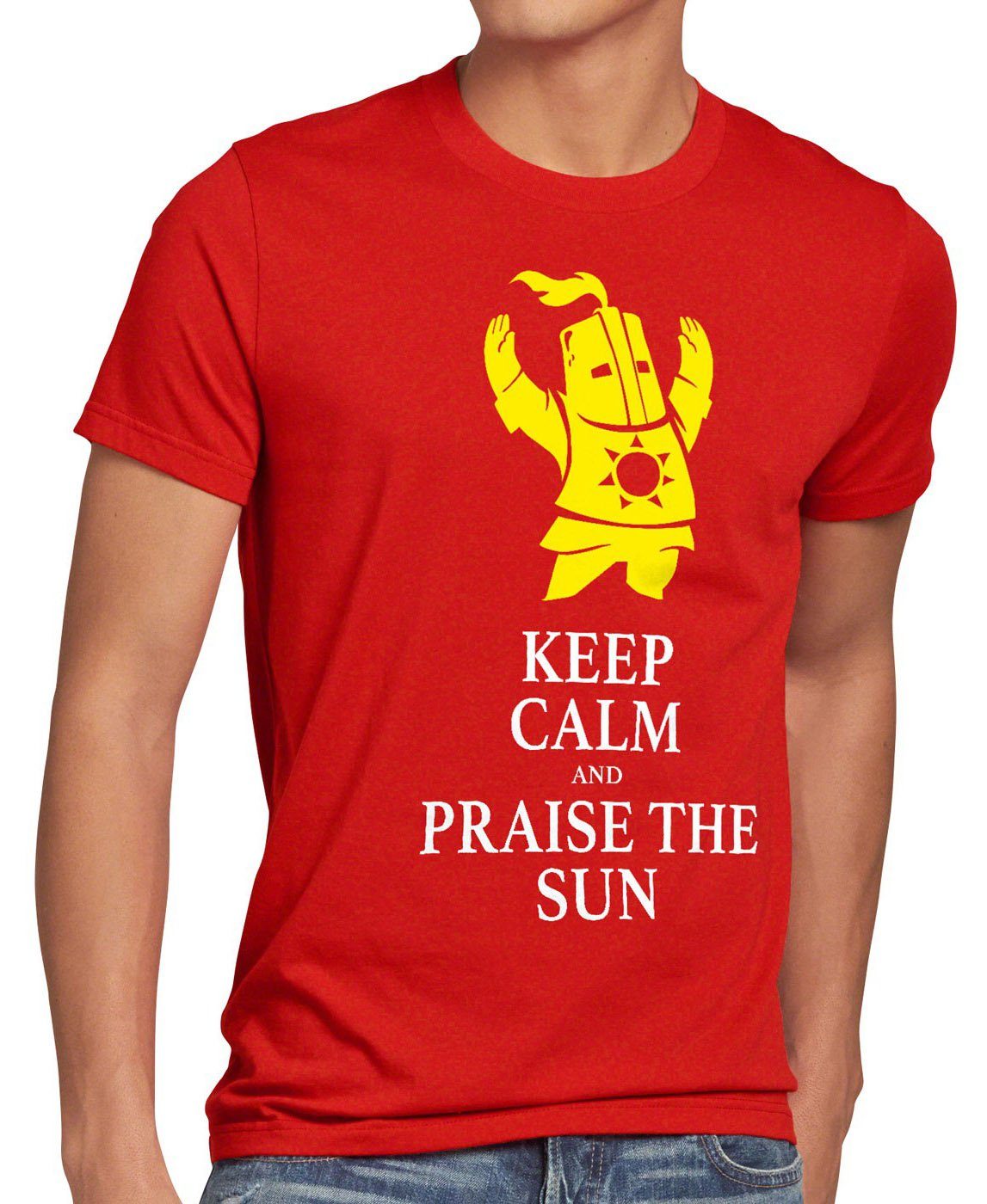 style3 Print-Shirt Herren T-Shirt Keep Calm Praise the Sun Dark Sunbro Solaire Souls Sonnen Ritter rot
