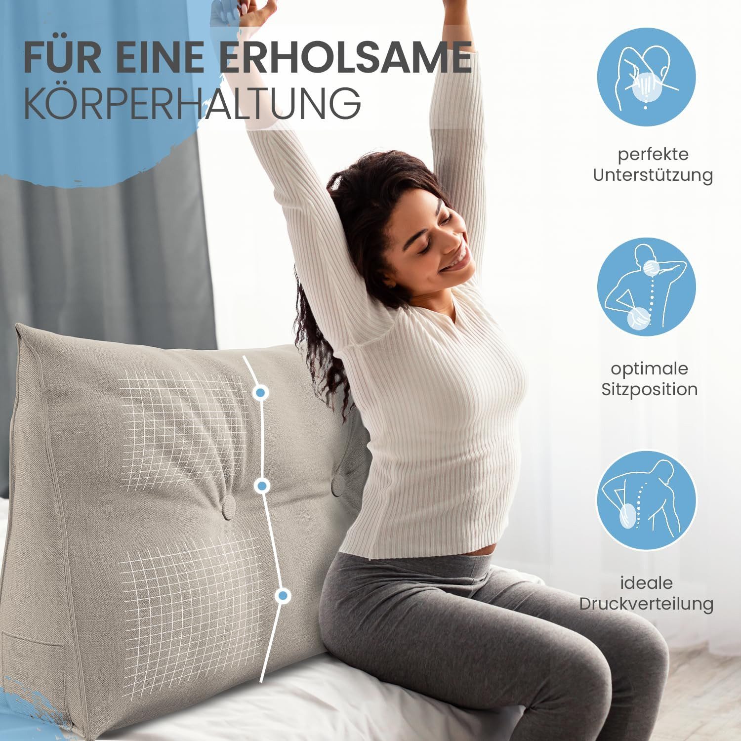 ELONEO Rückenkissen Keilkissen für Bett und Sofa, Lesekissen mit praktischem Seitenfach, 1-tlg., mit praktischem Seitenfach, Lesekissen, mit waschbarem Bezug