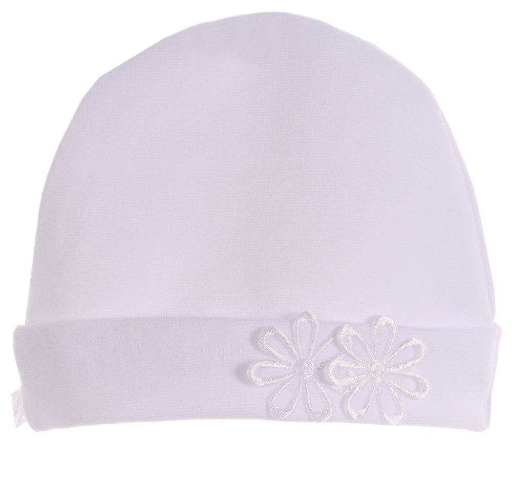 La Bortini Erstlingsmütze Mütze mit Blumen Baby Haube in Weiß für Taufe und Fest