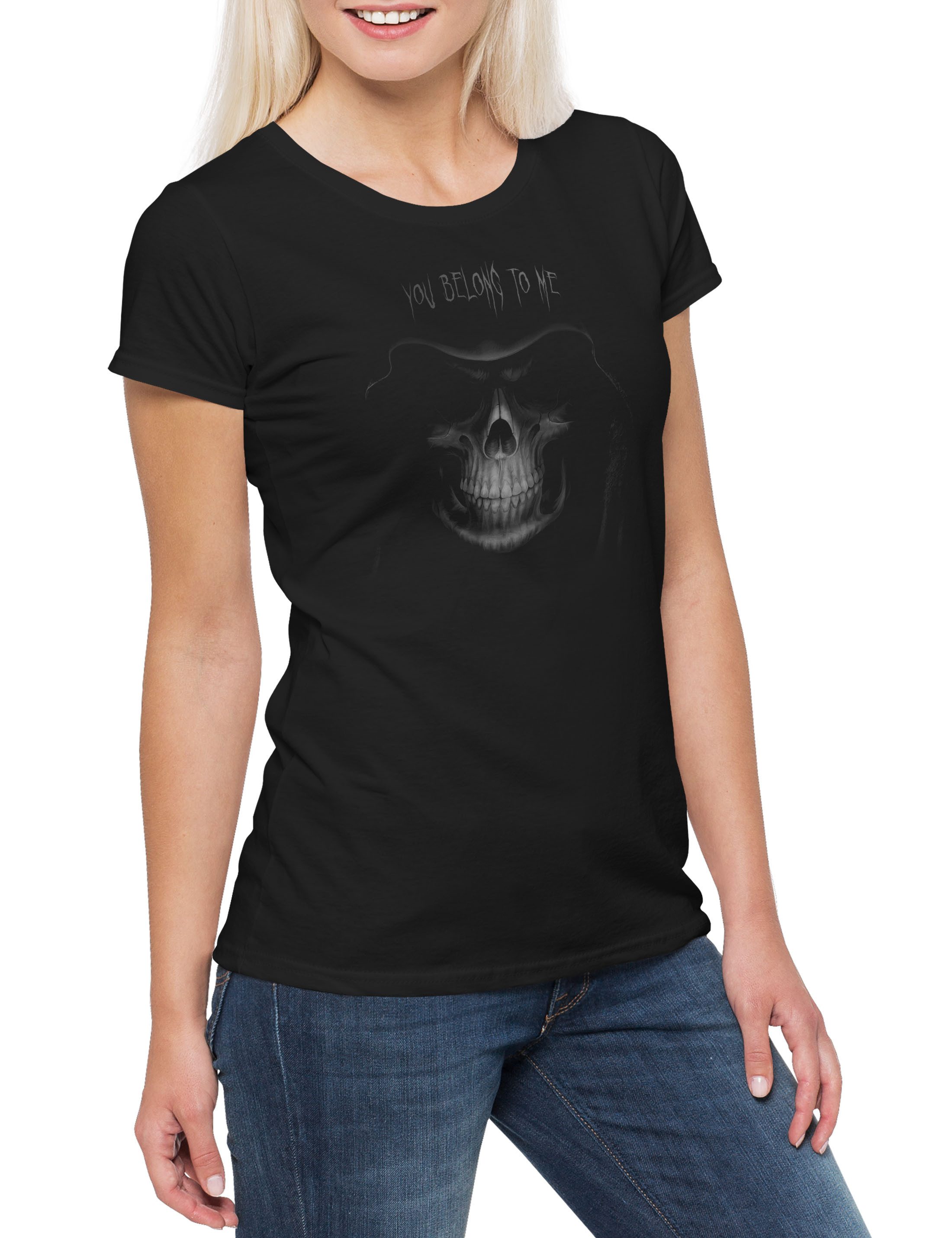 Print-Shirt Grim Reaper I Damen T-Shirt Death Skeleton Scythe Hood Skull Schädel