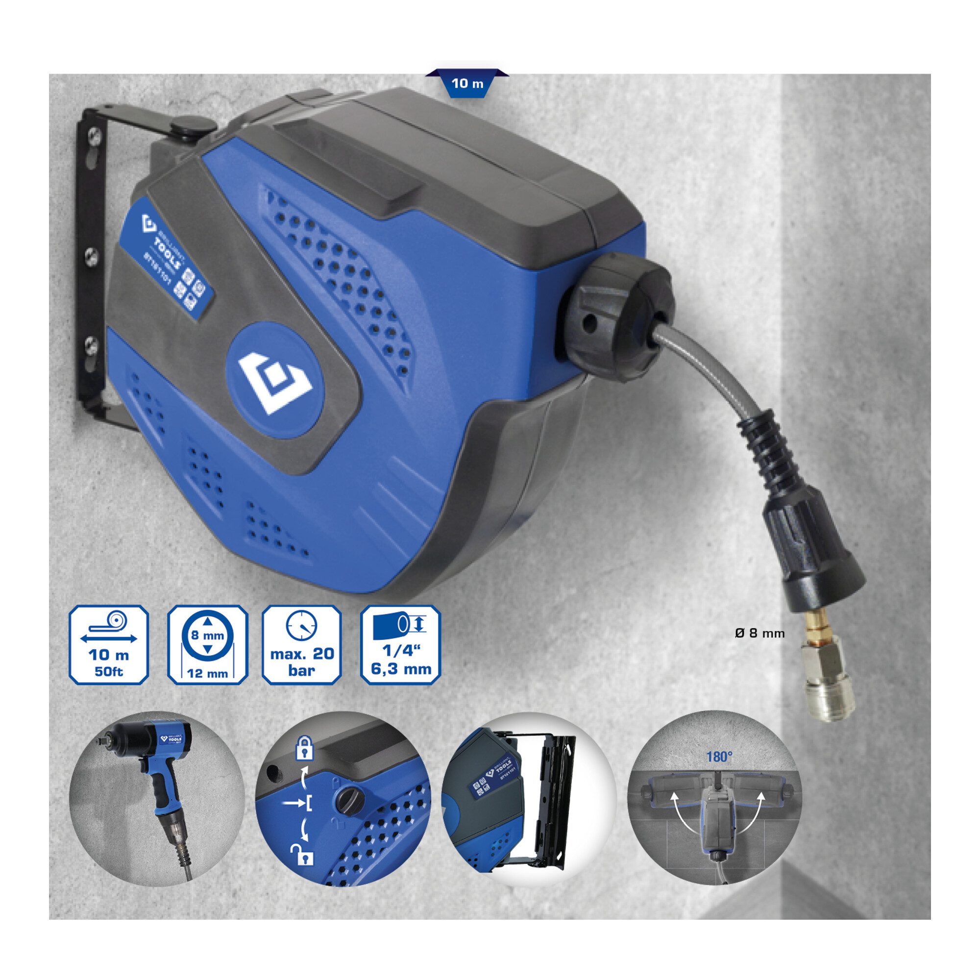 Brilliant Tools Schlauchaufroller Brilliant Tools Automatischer Druckluftschlauch-Aufroller, Durchmesser