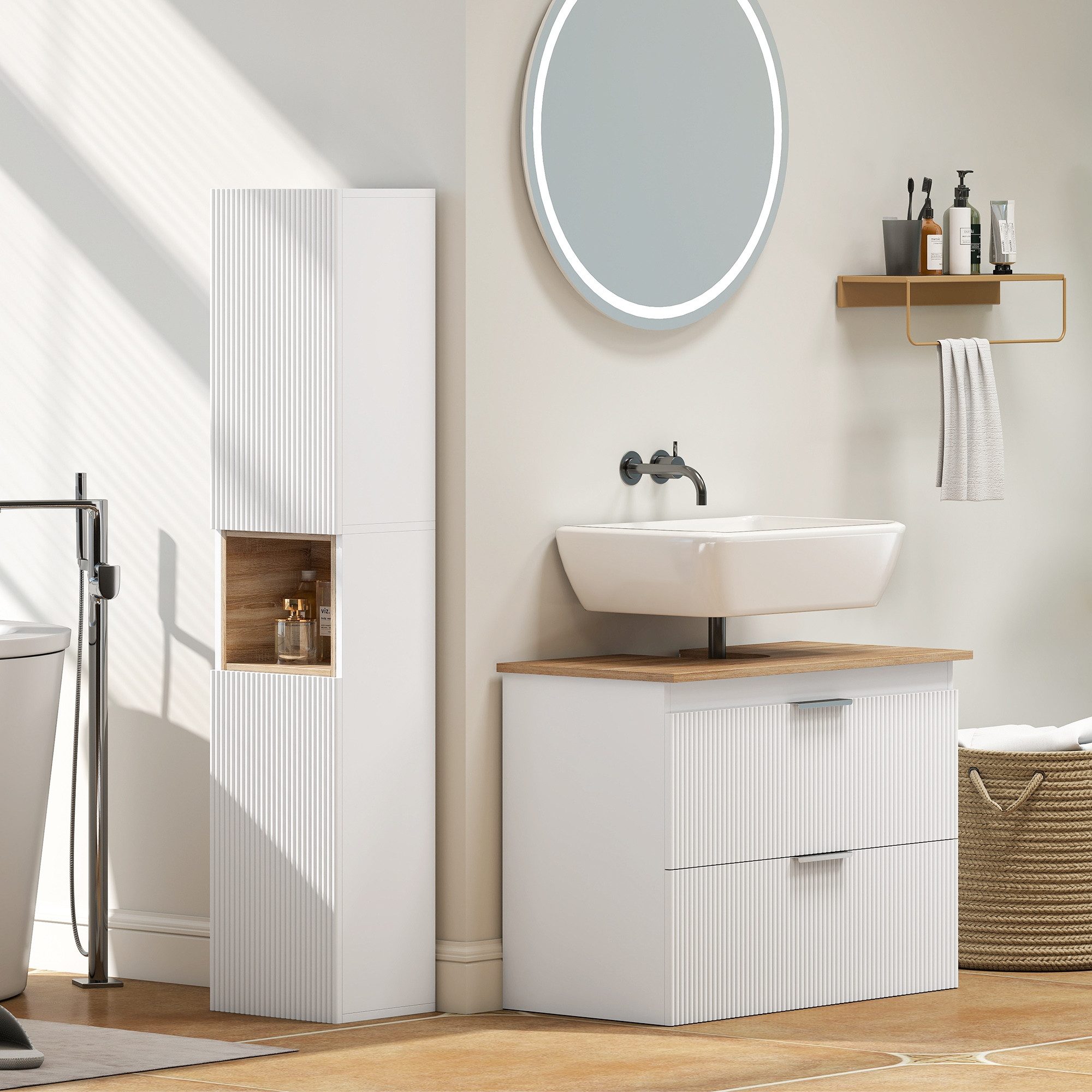 MC Star Badkommode Badezimmerschrank, freistehend mit 2 Türen und offenem Regal, Weiß