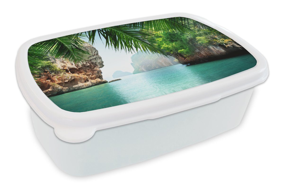 MuchoWow Lunchbox Meer - Palme - Berg - Tropisch, Kunststoff, (2-tlg), Brotbox für Kinder und Erwachsene, Brotdose, für Jungs und Mädchen weiß | Lunchboxen