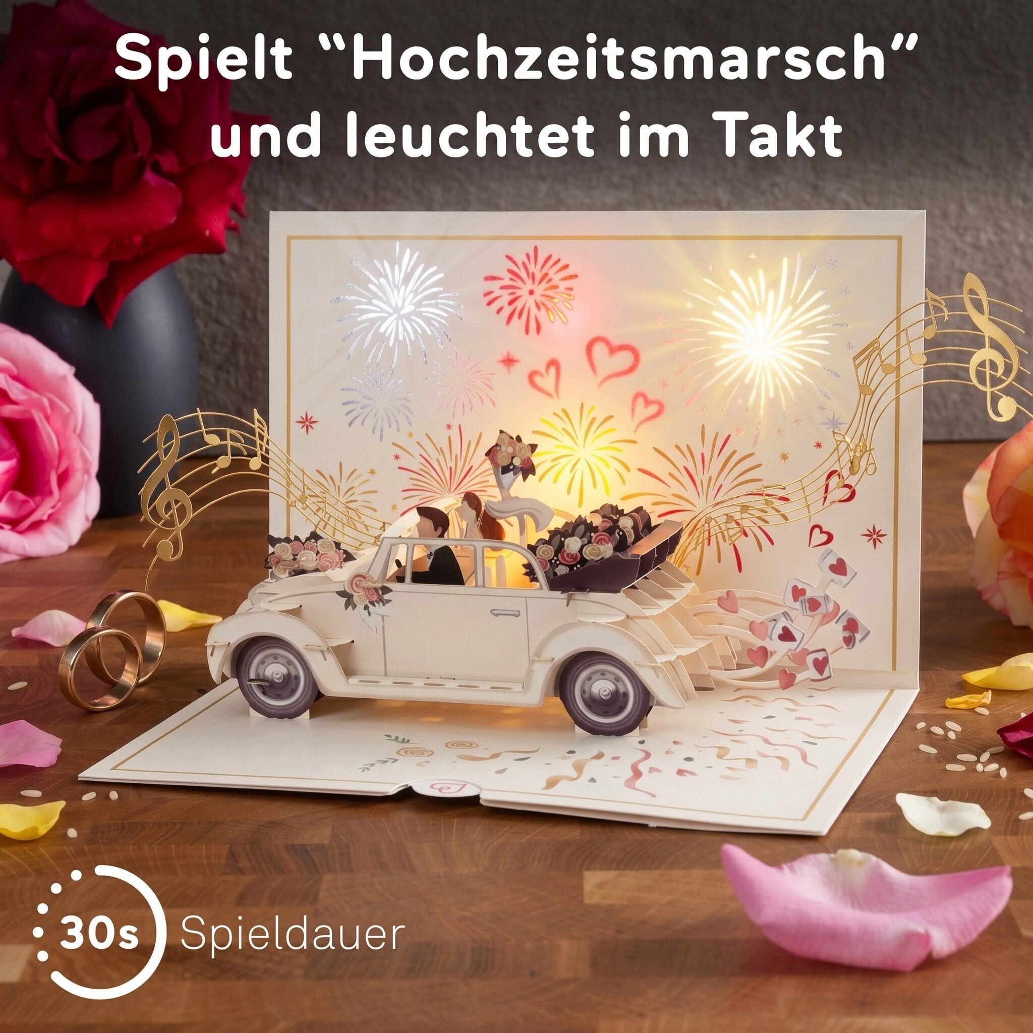 papercrush Hochzeitskarte Hochzeitsauto mit Musik & Licht Pop-Up Karte, Mit Musik & Licht, Handgemacht, Verschenkfertig