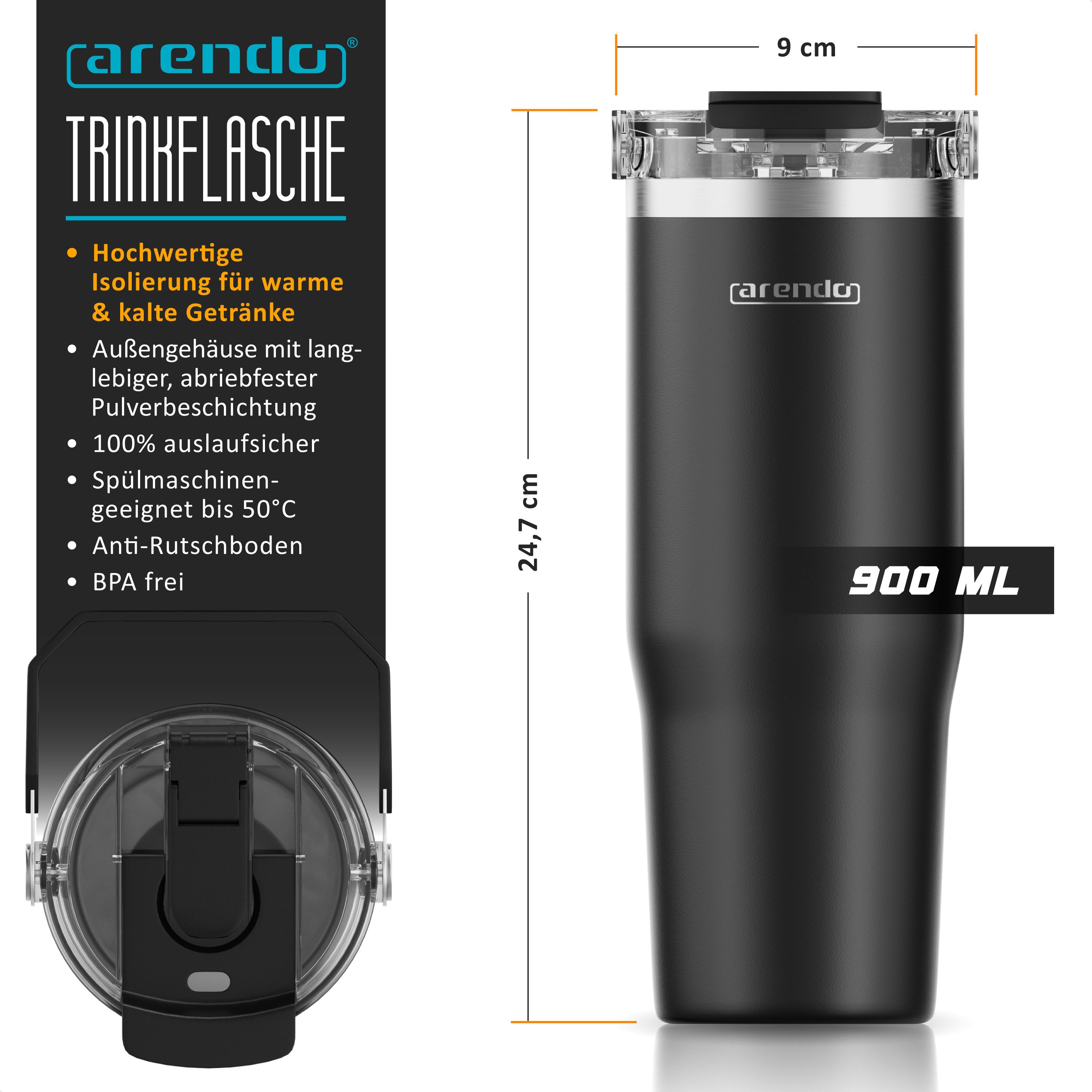 Arendo Thermobecher Thermal Mug 900 ml, Kaffee to go Becher mit Deckel aus Edelstahl 0,9 L, 1-tlg., Edelstahl (SUS304 innen, SUS201 außen); Deckel aus Kunststoff (BPA-frei), hält 12h heiß & 6h kalt, doppelwandig, 100% auslaufsicher, Coffe-to-go