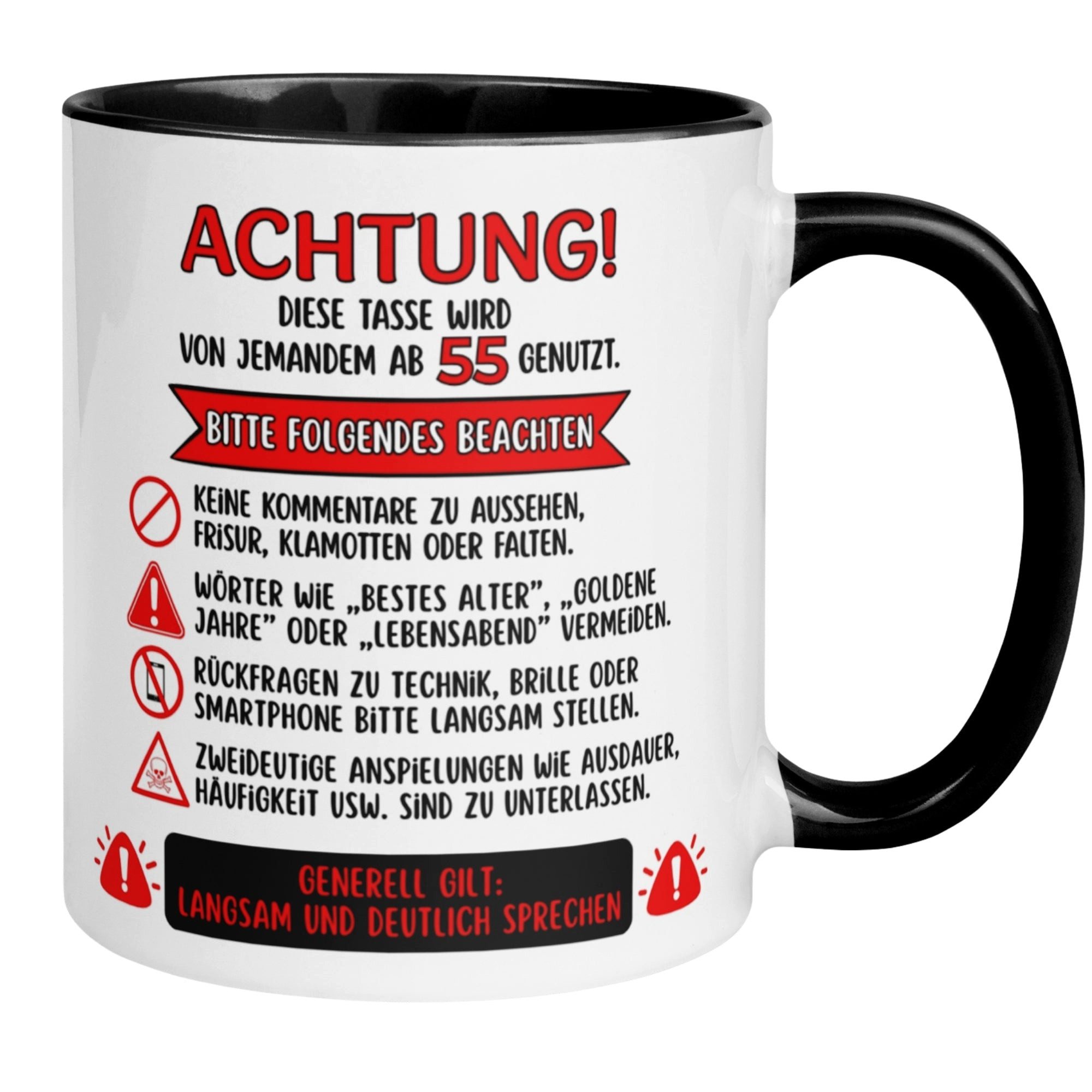 Momentals Tasse 55 Geburtstag Mann Frau – ACHTUNG – Geburtstagsgeschenk Männer Frauen, Beidseitiger Druck · Links- & Rechtshänder · Spülmaschinenfest