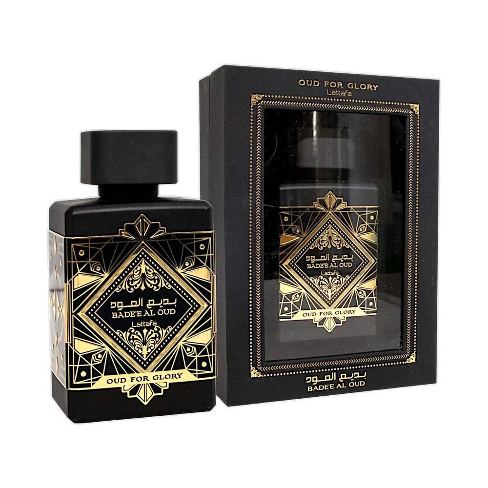 Lattafa Duft-Set Badee Al Oud Oud For Glory EDP + Parfümzerstäuber (leer) Set
