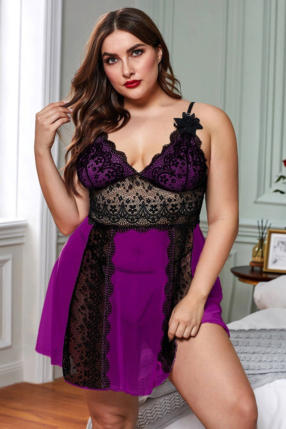 Organza Lingerie Negligé (Negligé + String) Plus Size mit toller Passform u günstig online kaufen
