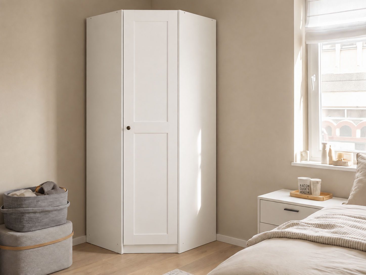 OTTO home Eckkleiderschrank Mehrzweckschrank Aktenschrank Möbel Mietswohnung Schlafzimmer YLVA (Schenkelmaß: 85x72 cm, Höhe 197 cm) skandinavischer Style mit Rahmenfront und Knopfgriff MADE IN GERMANY