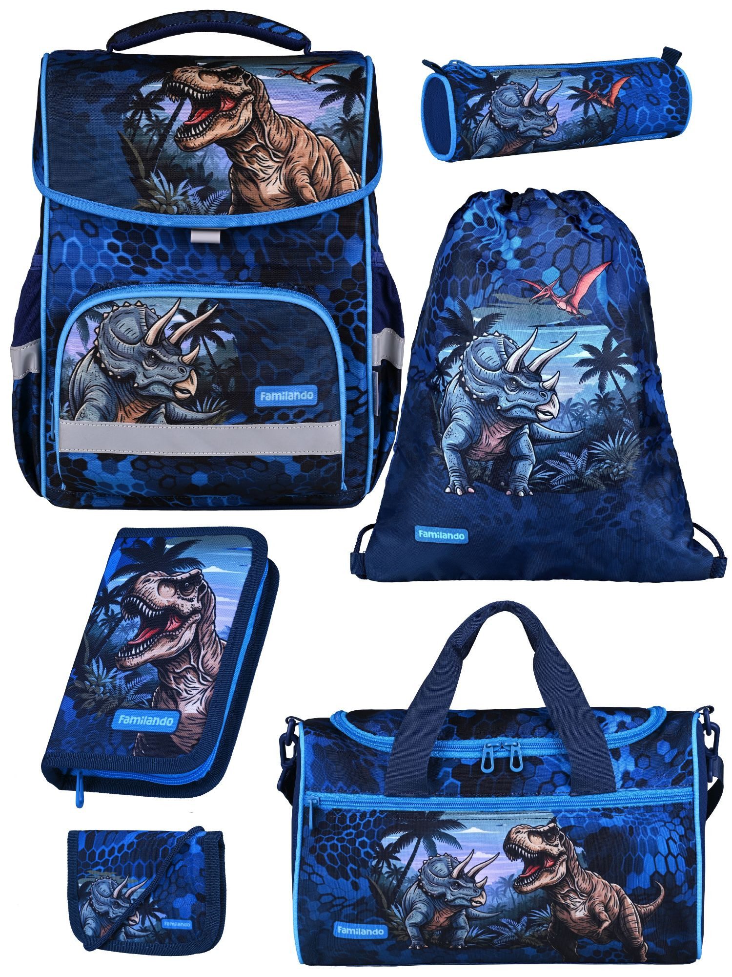 Familando Schulranzen Basic Plus 1.-4. Klasse ergonomisch, leicht, Volumen 15 Liter (Set, 6-tlg., inkl. Federmäppchen und Sporttasche), Dino T-Rex Dinosaurier Motiv