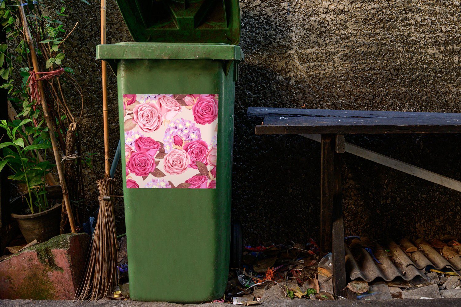 MuchoWow - Rosen Mülleimer-aufkleber, Mülltonne, Wandsticker - Container, Blumen Rosa (1 Abfalbehälter St), Sticker,