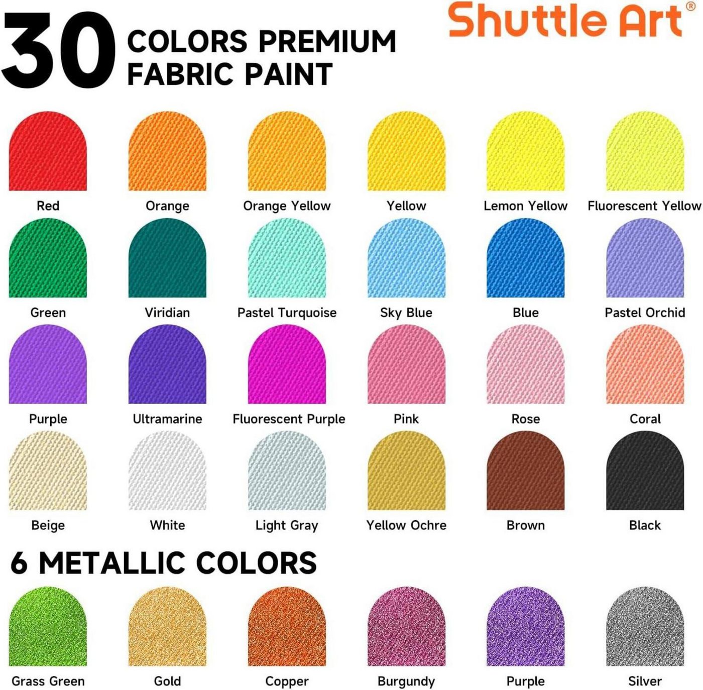 Thumbnail - LuxusKollektion Textilmarker 30 Textilfarben Set 60ml inkl. Pinseln & Vorlagen, waschmaschinenfest