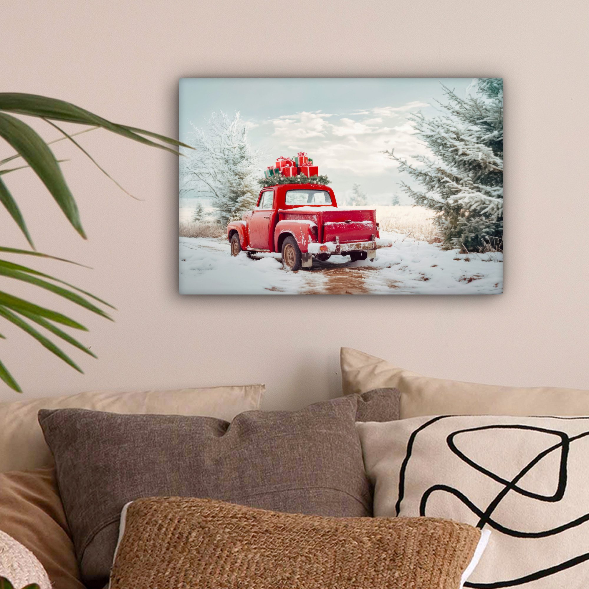 OneMillionCanvasses® Leinwandbild Auto - Rot - Geschenke - Winter - Schnee günstig online kaufen