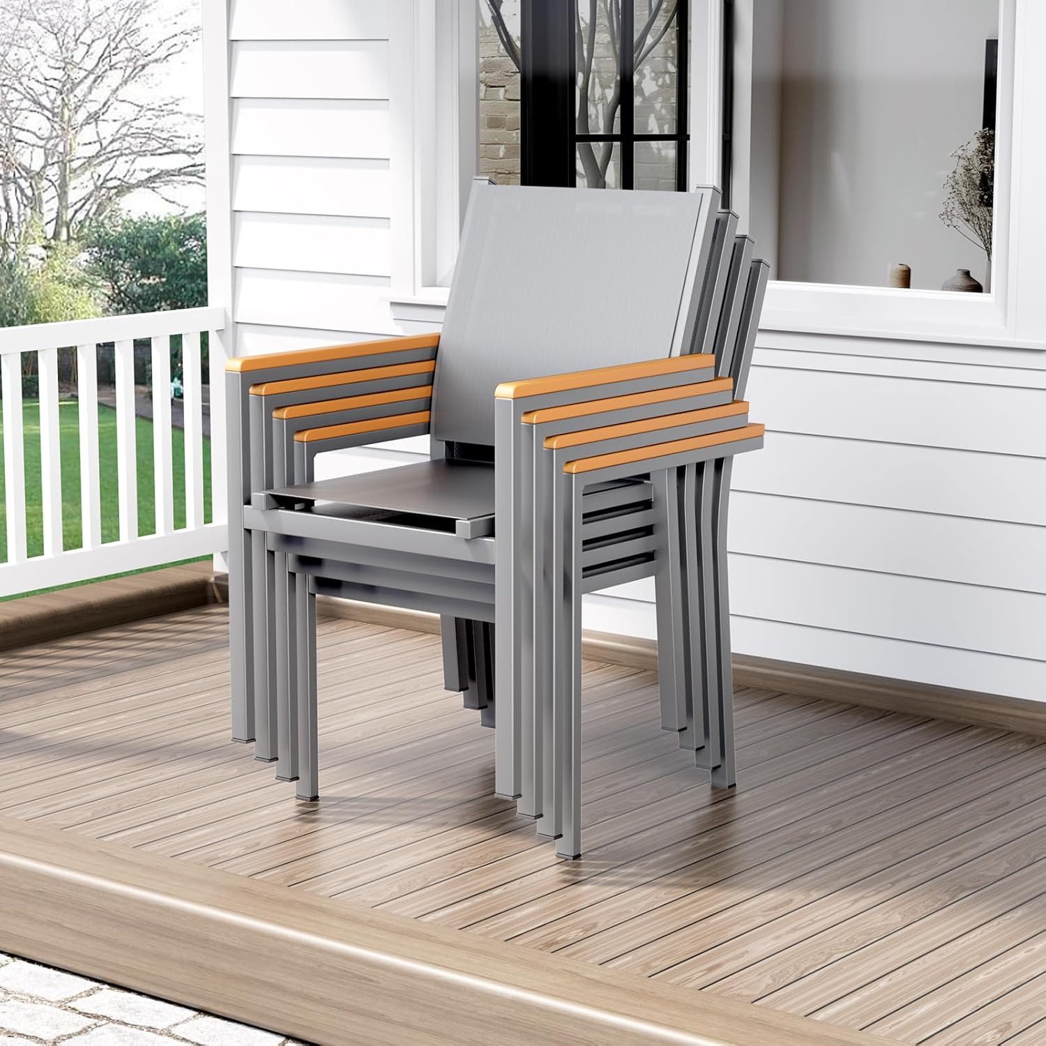 TLGREEN Stapelstuhl (2/4er Set)Aluminium Outdoor-Gartenstuhl,Maximale Belastung 150kg (WPC Handlauf,Balkonstühle, 4 St), für Terrasse, Balkon, Terrasse, Pool, Restaurants