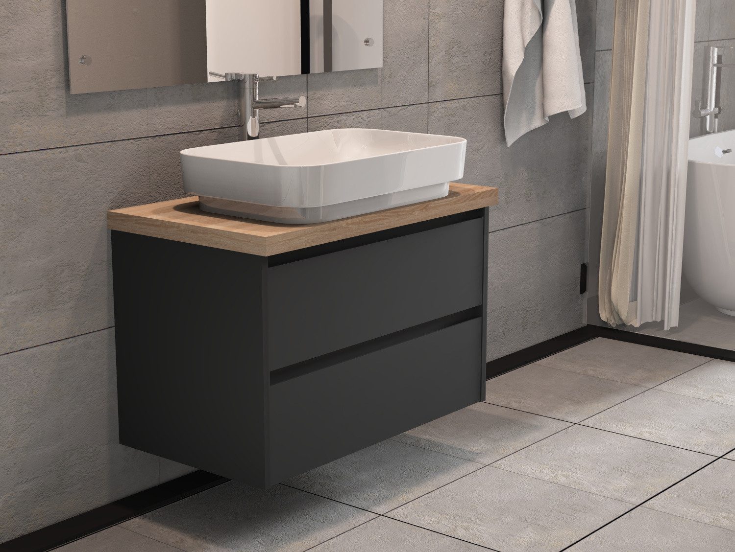 Aqua Bagno Badmöbel-Set Badschrank 80 cm mit Waschbecken, anthrazit lackiert, weiße Keramik, (Badschrank vormontiert, 3-St., Badmöbelschrank mit Trägerplatte, Waschtisch), einfache Montage