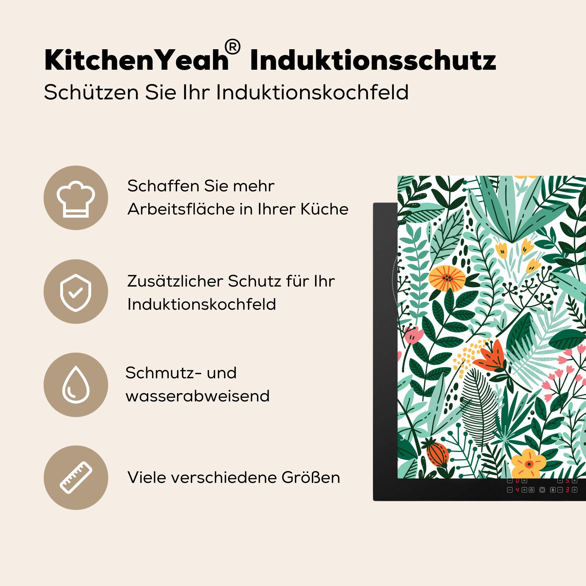 für Vinyl, küche Flora 78x78 Arbeitsplatte Sommer (1 cm, Herdblende-/Abdeckplatte Ceranfeldabdeckung, MuchoWow tlg), Muster, - -