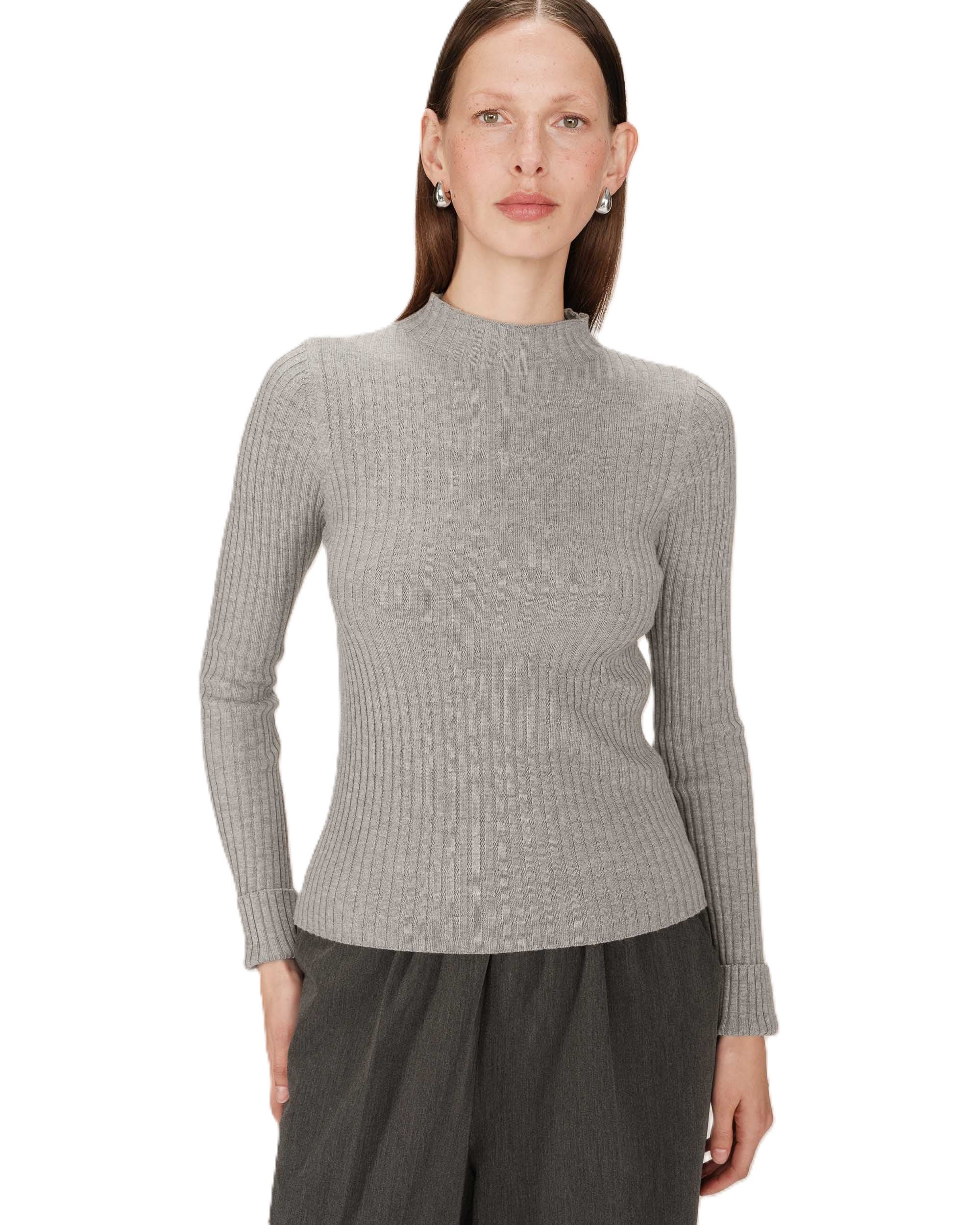 Grace & Mila Strickpullover Knit sweater SATURDAY - Rippstrick Pullover - grauer Mock-Neck Feinstr