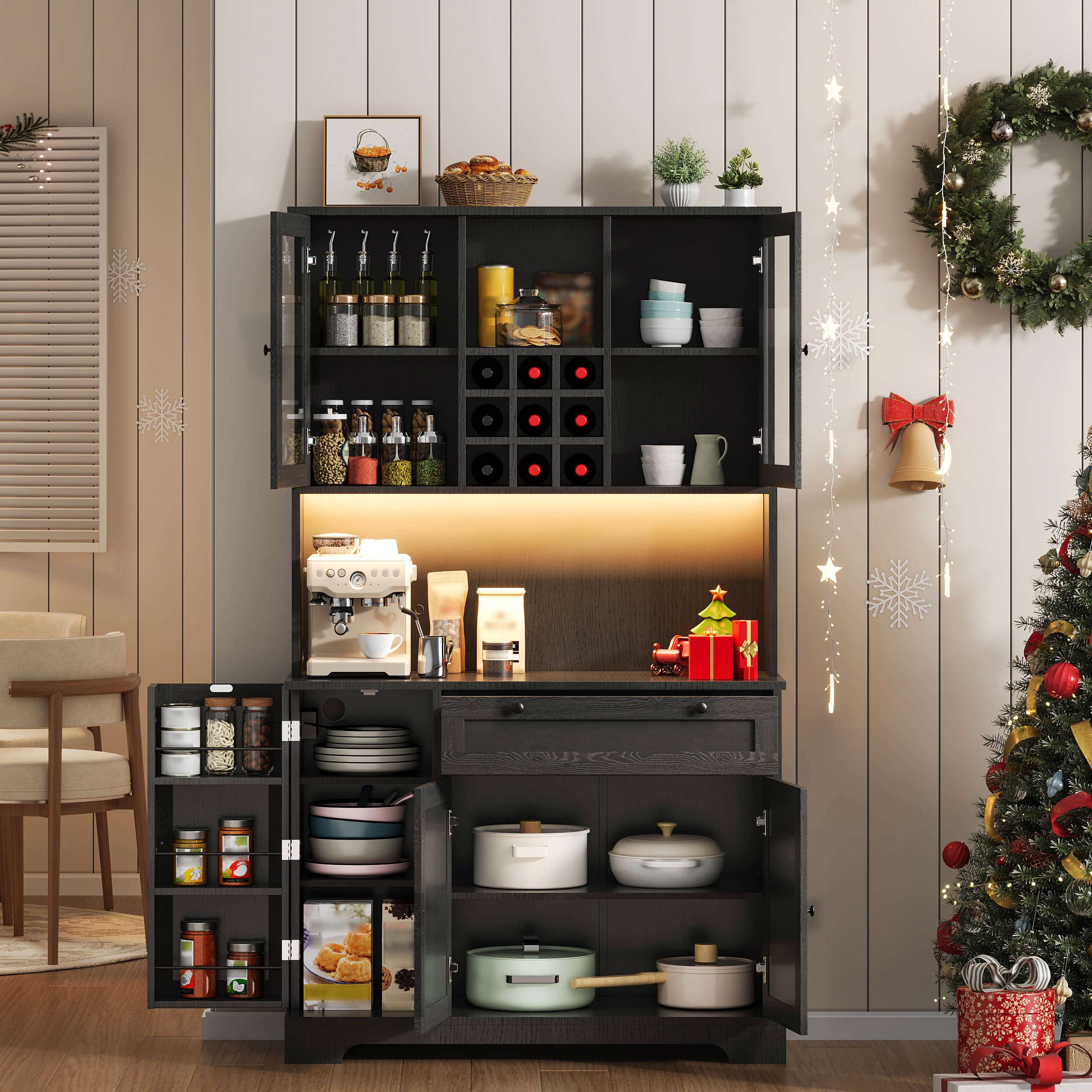 Flieks Küchenbuffet mit Steckdose, LED-Beleuchtung, Weinregal, Glastüren un günstig online kaufen