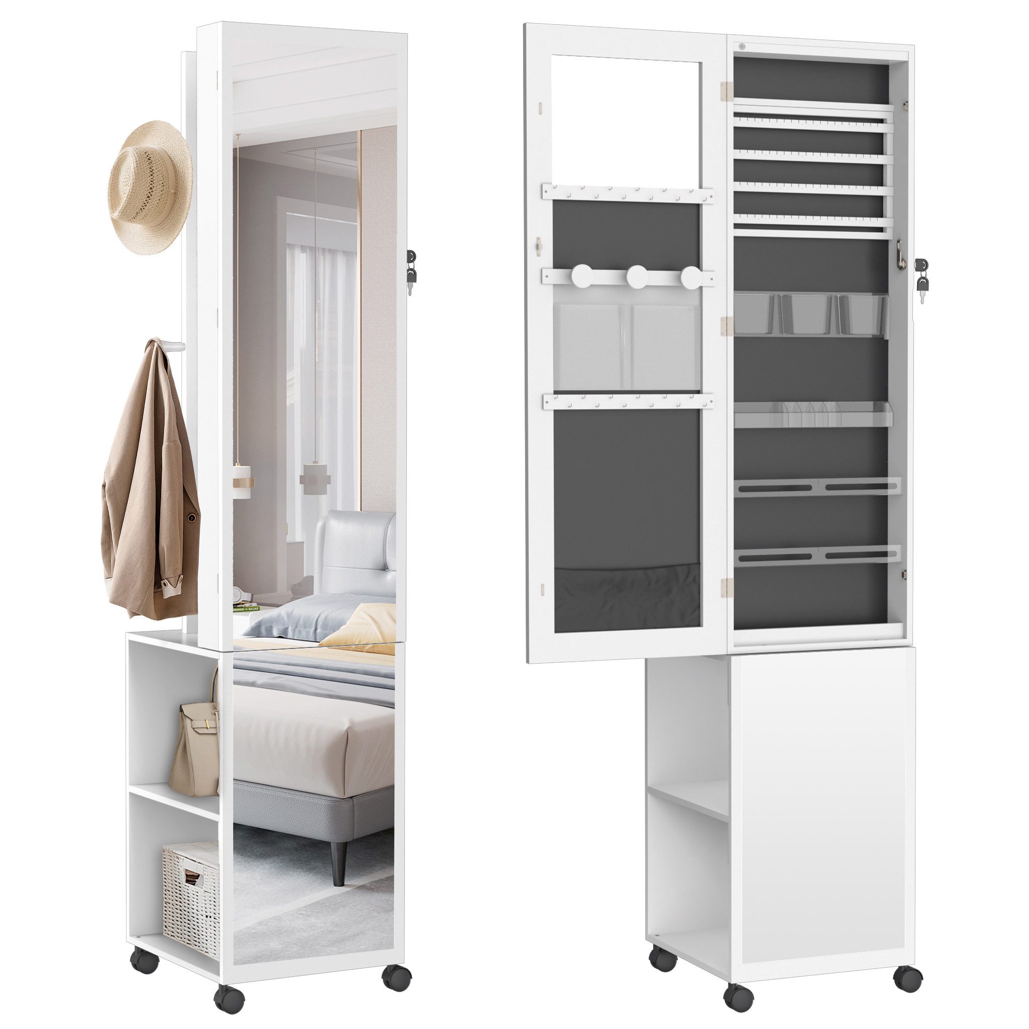 FIVMEN Schmuckschrank Spiegelschrank zur Aufhängen Hängend Abschließbar 2 in 1 Make up Spiegel Schminkschrank Mit Rollen Weiß/Schwarz