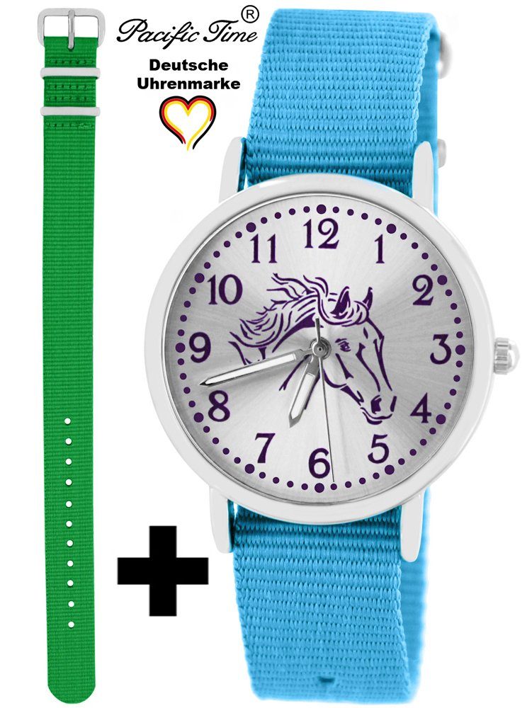 Pacific Time Quarzuhr Set Kinder Armbanduhr Pferd violett Wechselarmband, Mix und Match Design - Gratis Versand grün und hellblau