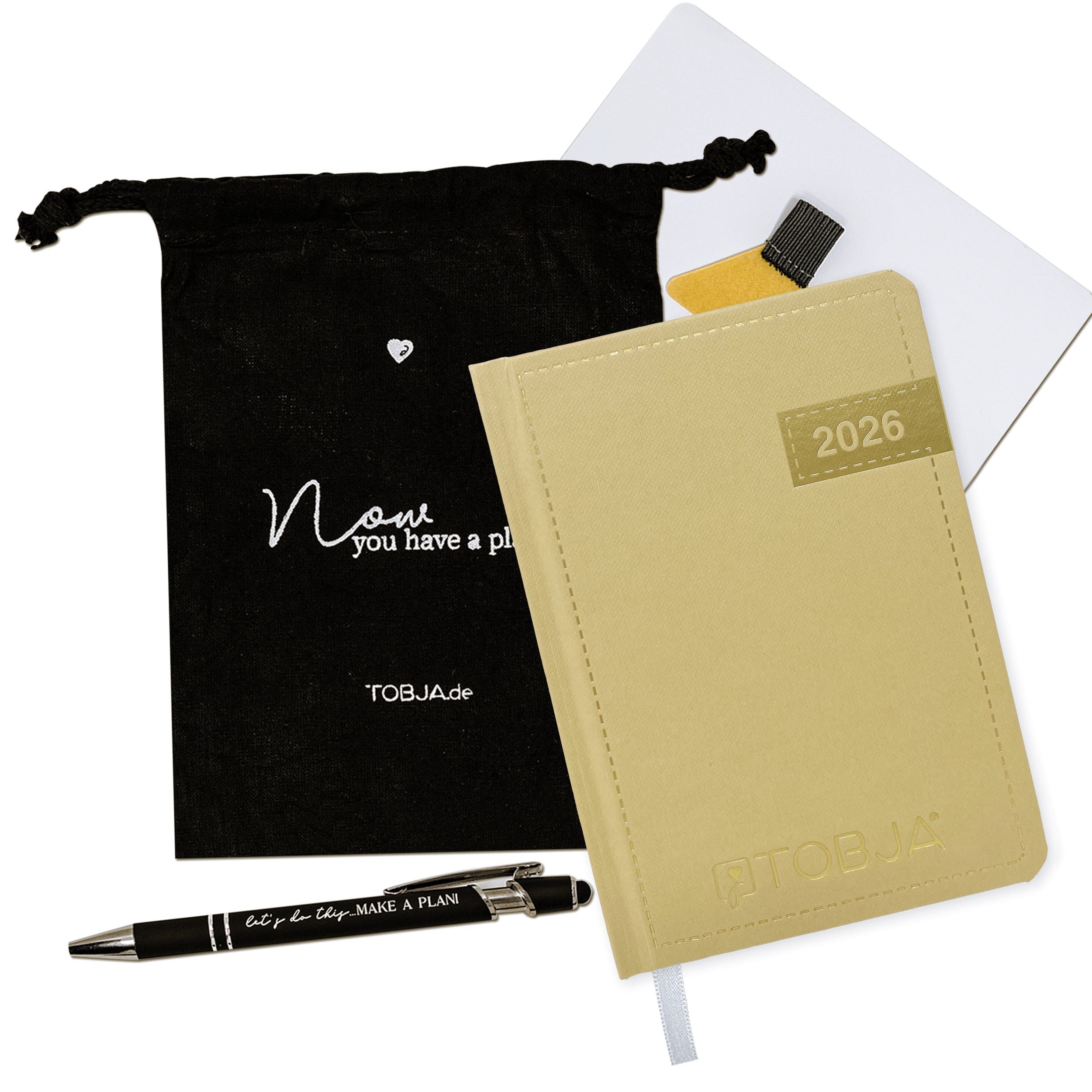 TOBJA Taschenkalender 2026 A6 Taschenkalender Denim inkl. Zubehör Set, Terminplaner mit Froschtasche, Stift, Pen-Loop und Beutel