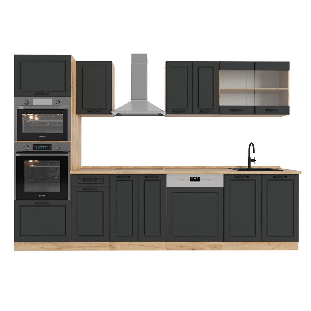 Vicco Küchenzeile R-Line, Anthrazit Landhaus/Goldkraft Eiche, 300 cm mit Hochschrank,...