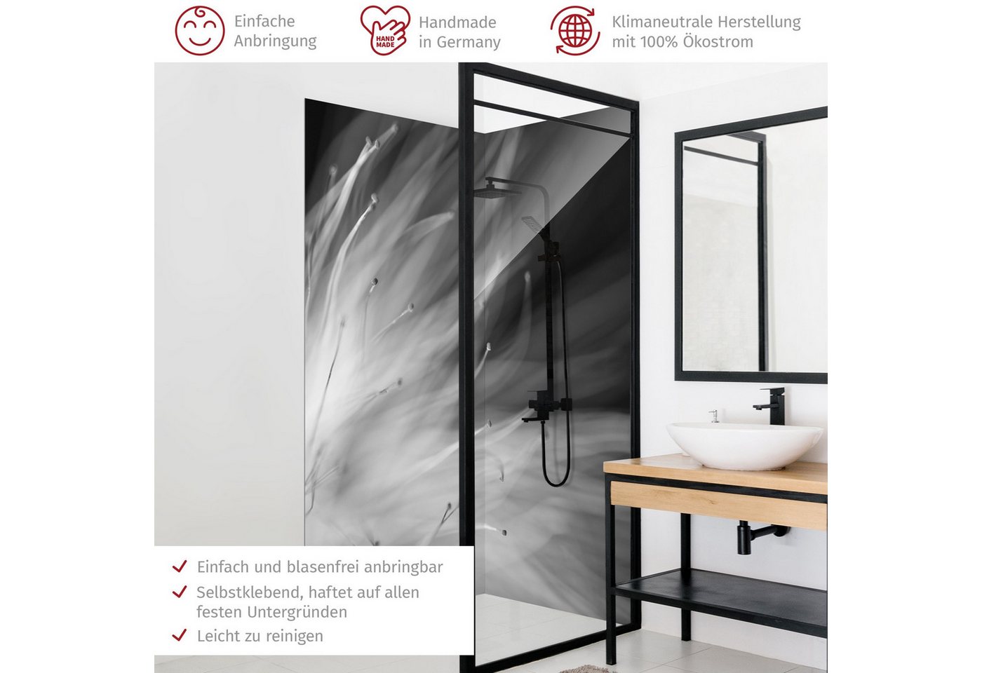 Thumbnail - Bilderdepot24 Badrückwand Blumen schwarz weiß Duschrückwand ohne Bohren Dusche, (2-tlg., Hart-Folie Smart matt 0,35 mm),...