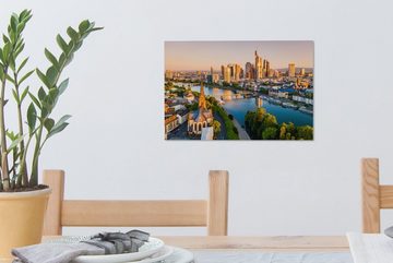 OneMillionCanvasses® Leinwandbild Frankfurt bei Sonnenaufgang aus der Vogelperspektive, (1 St), Wandbild Leinwandbilder, Aufhängefertig, Wanddeko, 30x20 cm