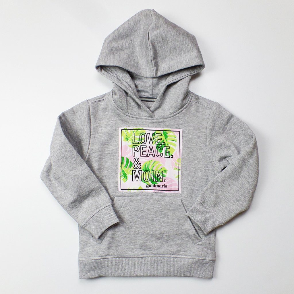 goldmarie Hoodie LOVE PEACE MOIN Floral-Palmen Applikation für Kinder hellgrau mit Kängurutasche | Sweatshirts