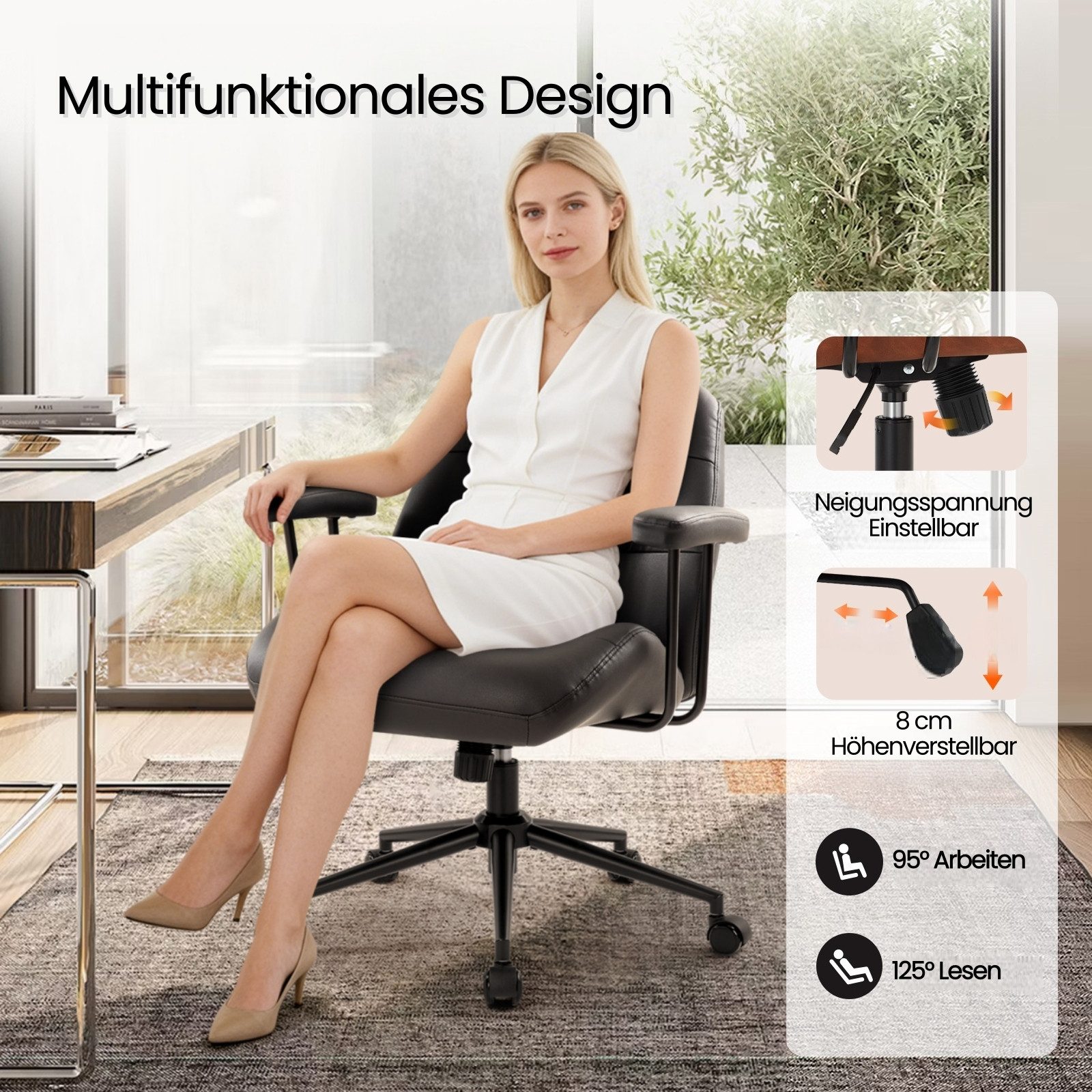 IWMH Bürostuhl Drehstuhl mit abnehmbarer Armlehnen, (Ergonomisch Schreibtsichstuhl), PU-Leder Stuhl für Schminktisch Homeoffice
