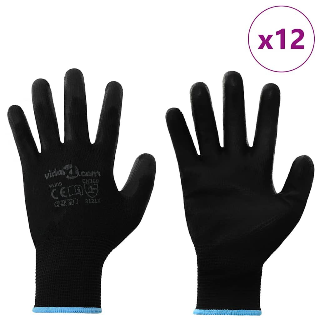 vidaXL Arbeitshandschuh-Set Arbeitshandschuhe 12 Stk. Schwarz 9 / l Polyester (12-St)