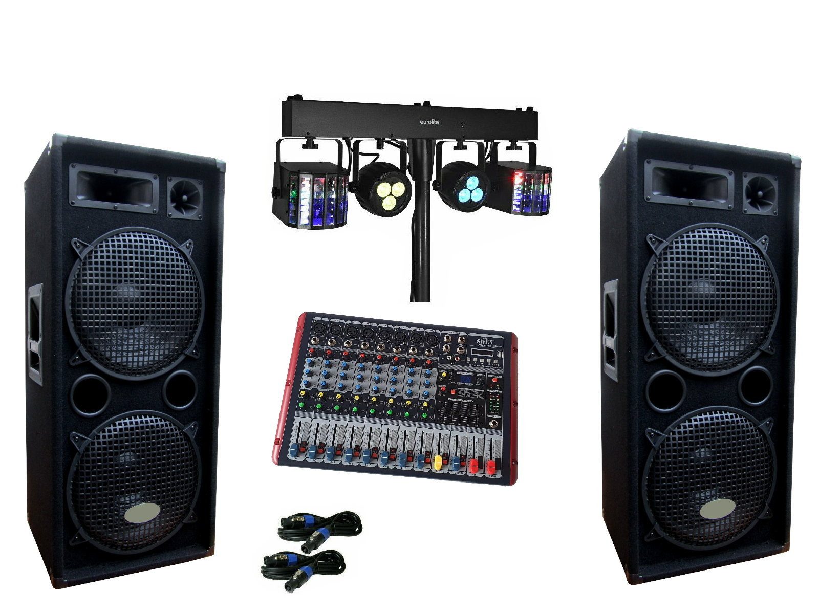 PA DJ Komplett Set 14 LED Licht 4x30cm Subwoofer Powermixer Party-Lautsprecher