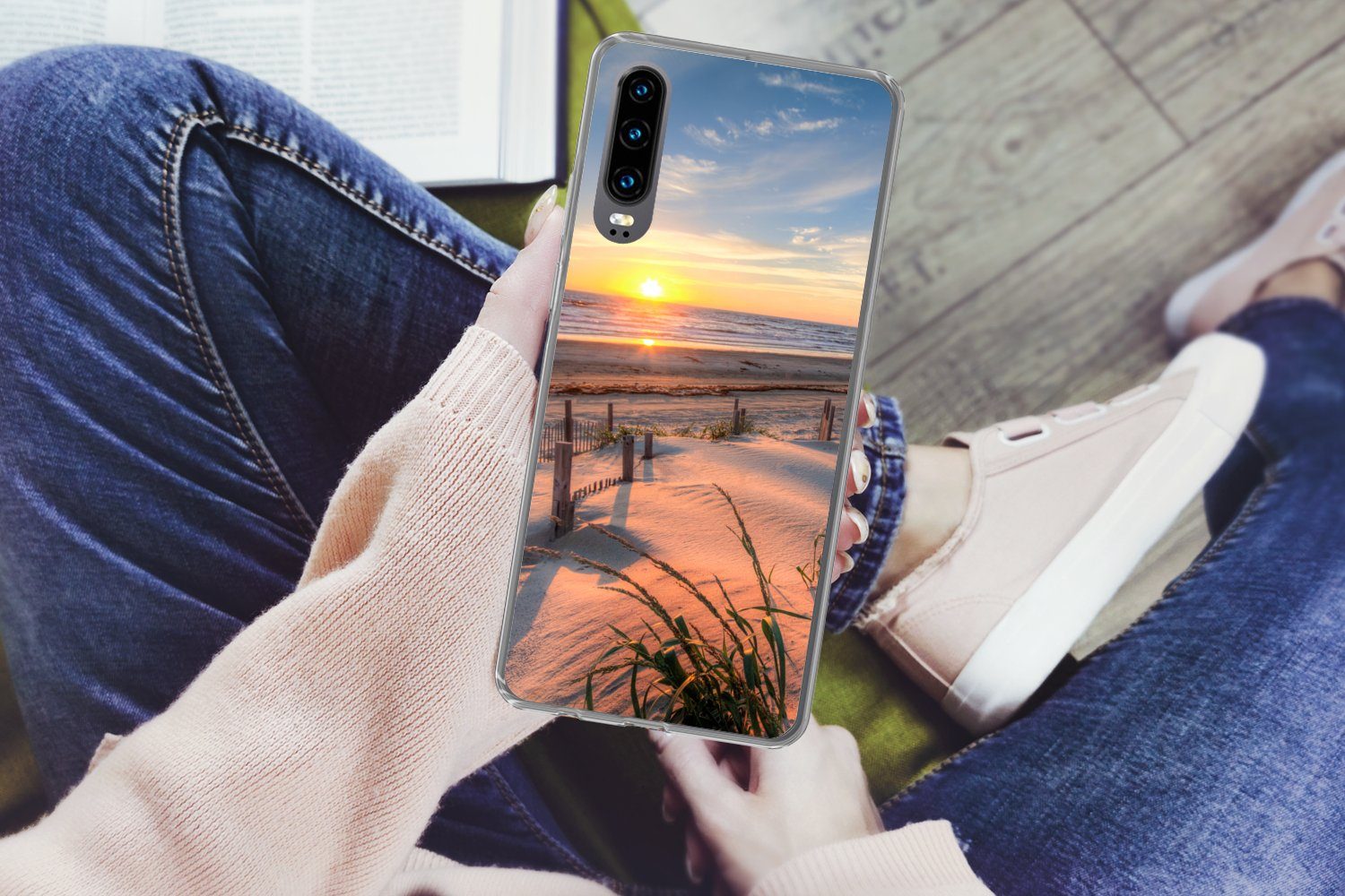 MuchoWow Handyhülle für Huawei P30 Strand - Meer - Düne - Sonnenuntergang - Landschaft, Handy Case, Silikon, Bumper Case Dünn