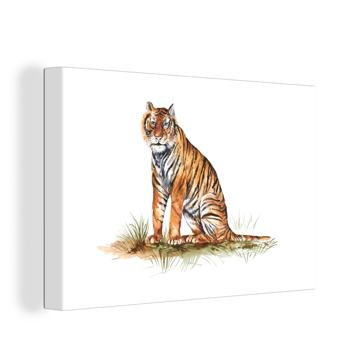 OneMillionCanvasses® Leinwandbild Tiger - Gras Leinwandbilder, cm Orange, Wanddeko, Aufhängefertig, (1 - St), 30x20 Wandbild
