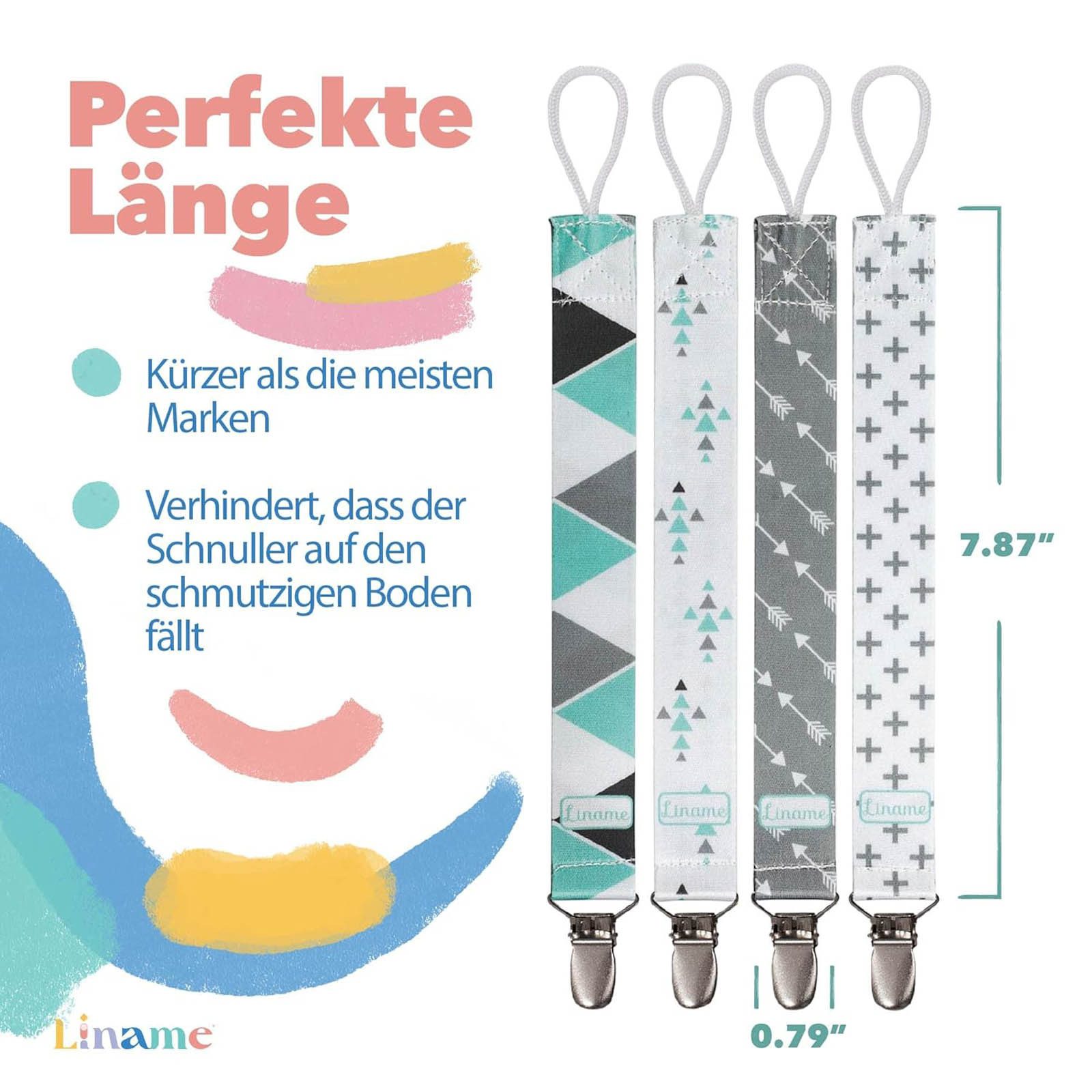 Liname Schnullerbefestigung 4er Set Schnullerkette Schnuller Halter Schnullerhalter Schnullerband, mit Metall Clip inkl. Beißspielzeug