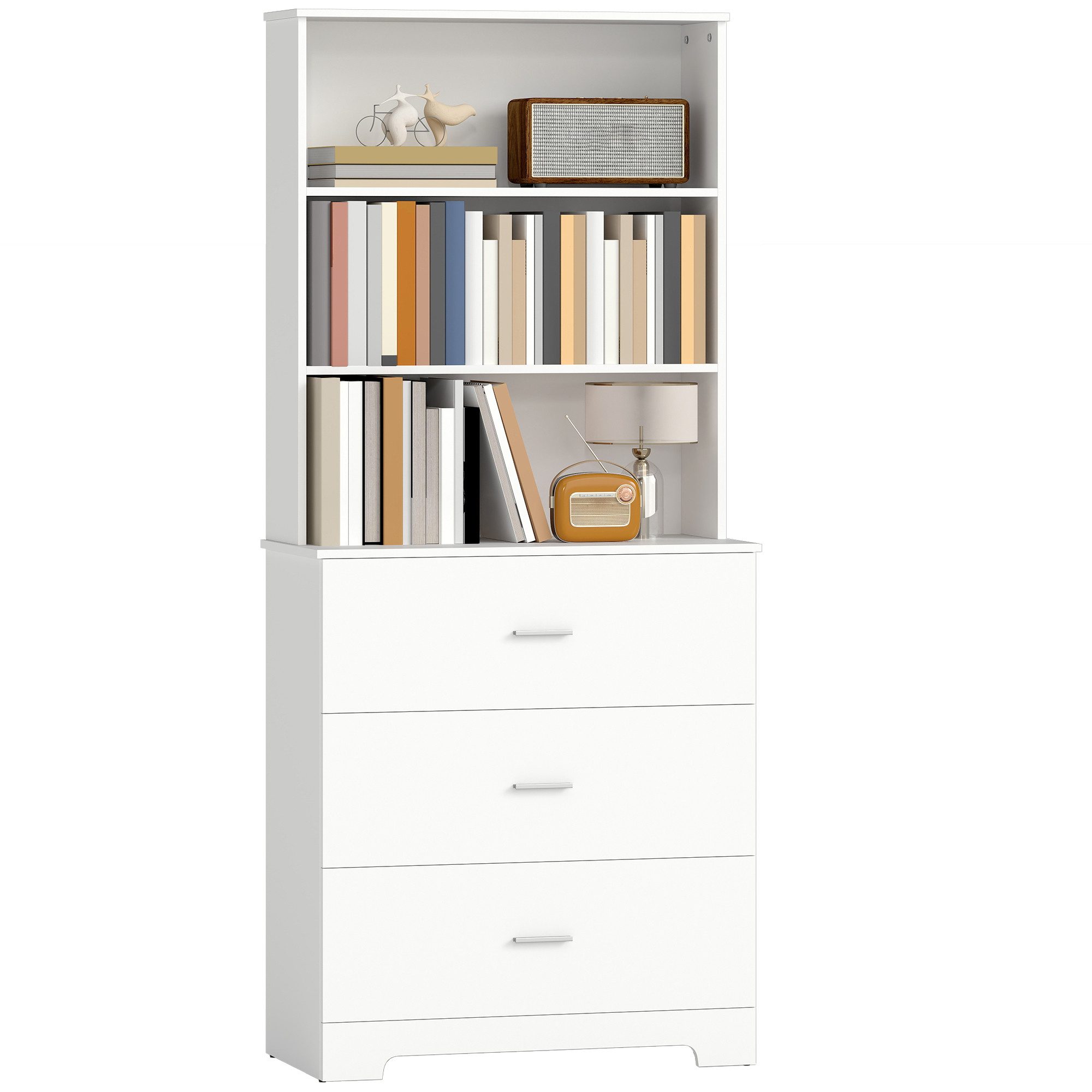 HOMCOM Bücherregal mit 3 Schubladen, 3 offenen Regalen, Bücherschrank 180 cm 1-tlg., für Wohnzimmer, Büro, Weiß