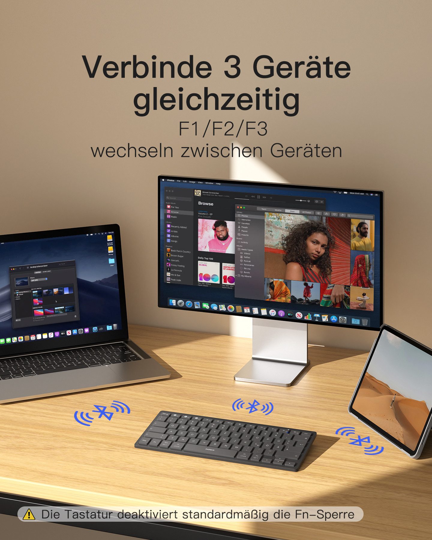 Inateck für iPad Pro/Air/Mini/Windows/Android/IOS, Ergonomisches Design Wireless-Tastatur (Ultraslim, Vergrößerte Tastenkappen, 3 Bluetooth)
