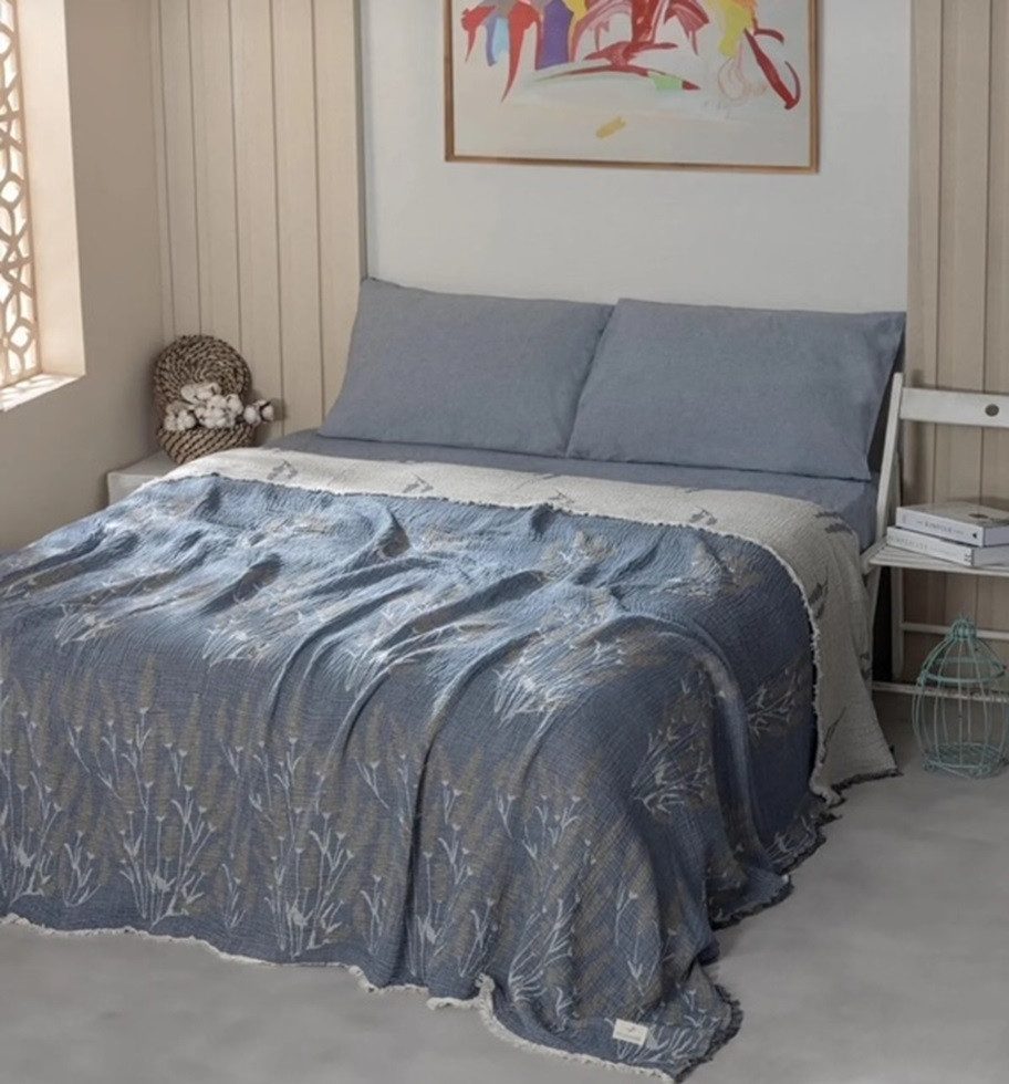 Wohndecke Musselin Wohndecke 4 lagig Double Face Blau 200cmx240cm, Sandiik