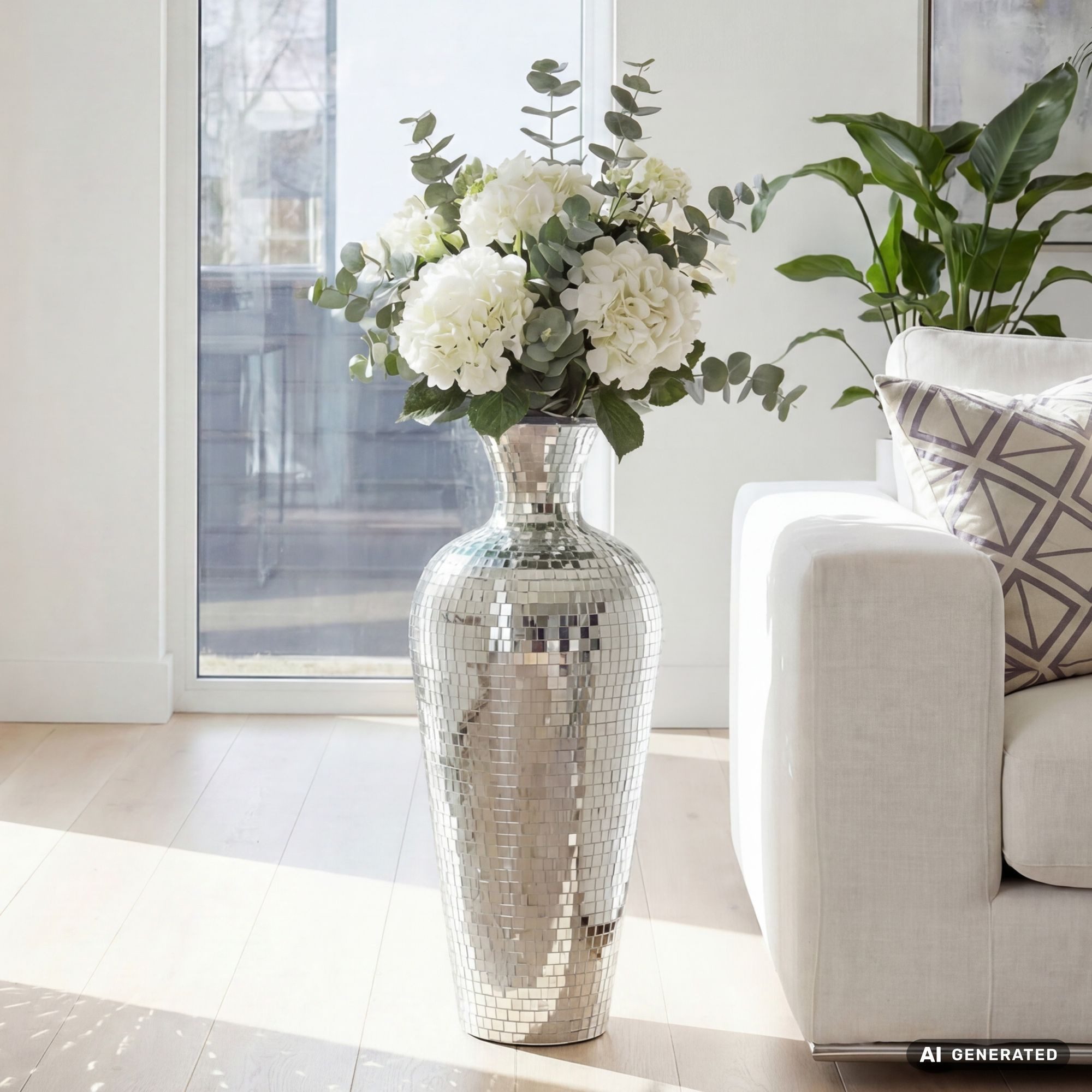 FINEBUY Bodenvase FB77700 Vase Silber 50cm Standvase Blumenvase XL Wohndeko Groß (Große Metallvase aus lackiertem Metall), Wohnaccessoire im Stil einer Discokugel