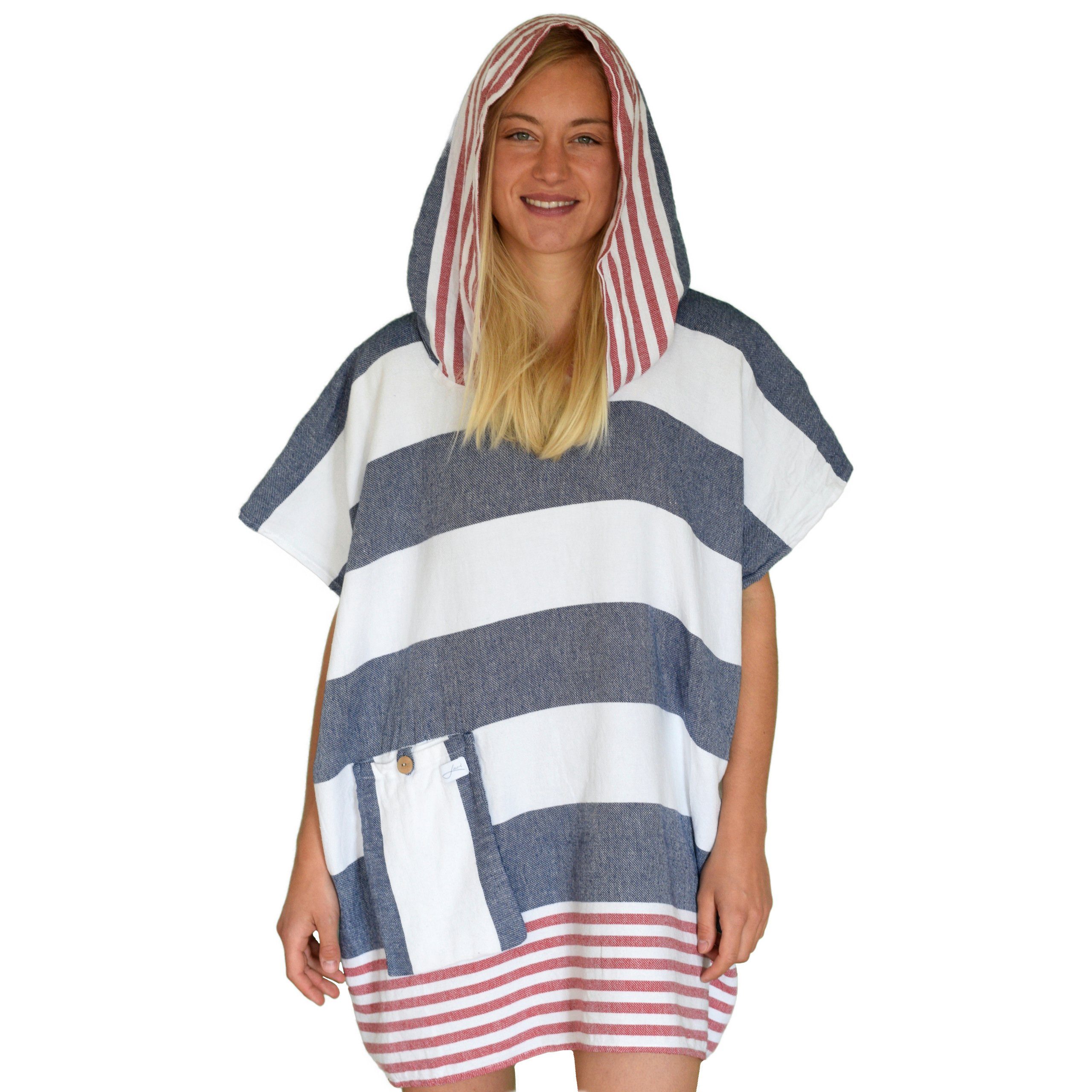 Lou-i Badeponcho Badeponcho bunt gestreift Made in Germany Surfponcho (leicht & schnell trocken) - Badeumhang, Kapuze, mit Kapuze und Tasche